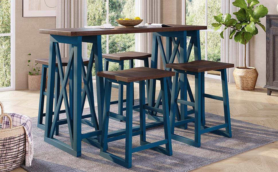 Rustic Counter Height 5-Piece Dining Set, Wood Console Table Set with 4 Stools for Small Places,Walnut+Blue