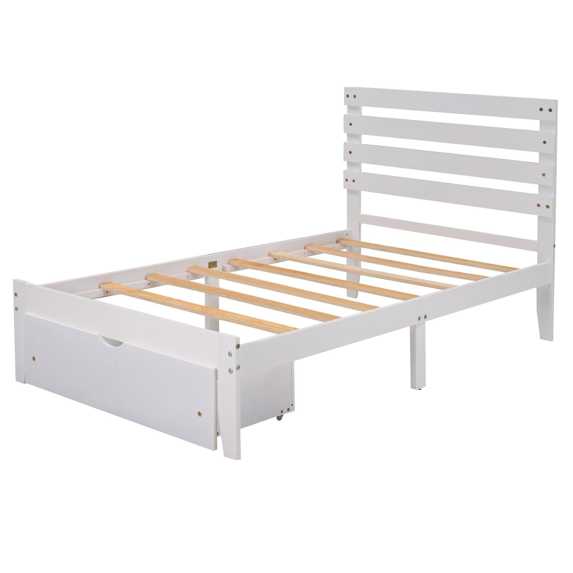 Twin Size Platform Bed with Drawer, White