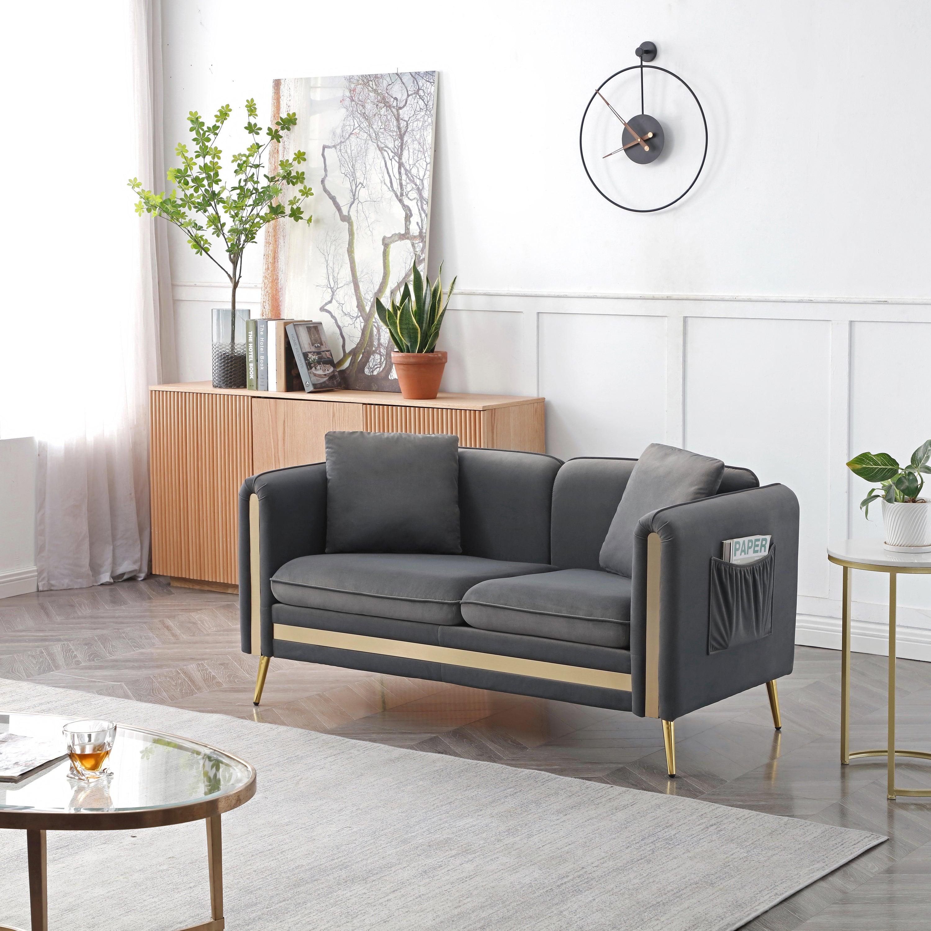 Modern Upholstered Velvet Sofa and Loveseat Mid-Century Tufted Living Room Set ld Metal Legs with Removable Cushions Side Pocket,4 Pillows Included,Grey