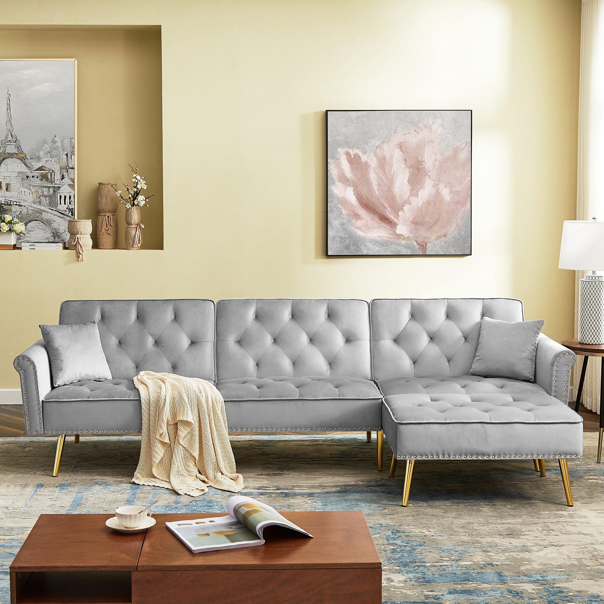 Modern Velvet Upholstered Reversible Sectional Sofa Bed , L-Shaped Couch with Movable Ottoman and Nailhead Trim For Living Room. (Light Grey) image