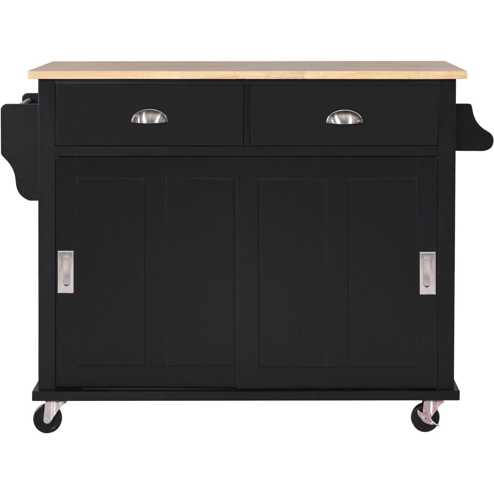 Kitchen Cart with Rubber wood Drop-Leaf Countertop, Concealed sliding barn door adjustable height,Kitchen Island on 4 Wheels withStorage Cabinet and 2 Drawers,L52.2xW30.5xH36.6 inch, Black