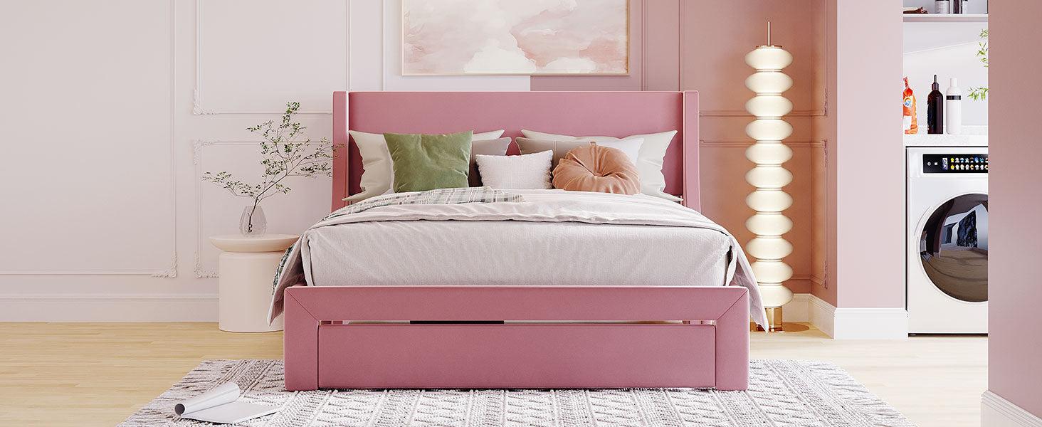 Queen SizeStorage Bed Velvet Upholstered Platform Bed with a Big Drawer - Pink