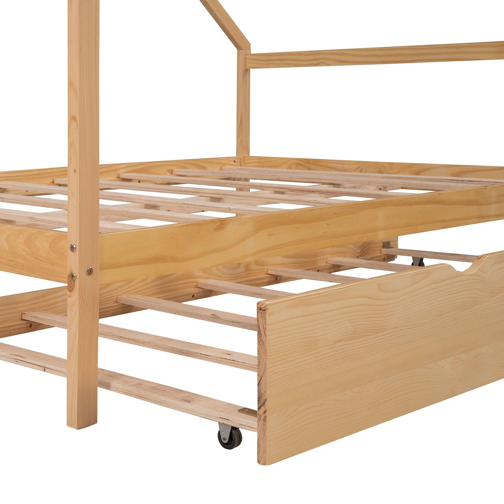 Full Size Wooden House Bed With Twin Size Trundle, Natural