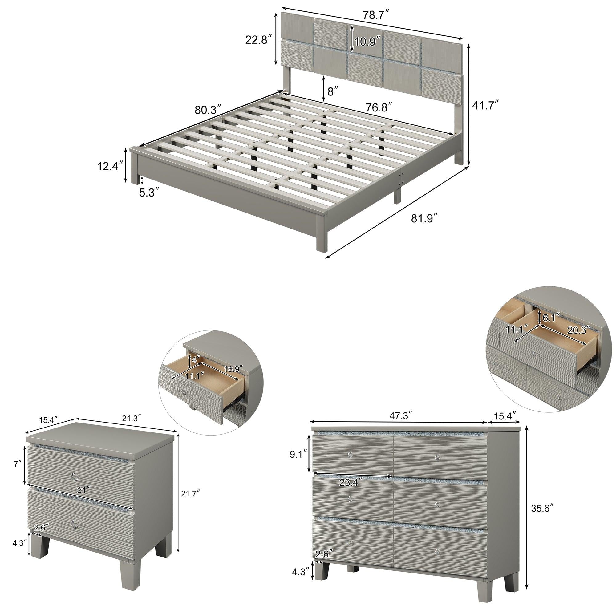 3 pieces Champagne Silver Bedroom Sets King Bed + Nightstand +Dresser