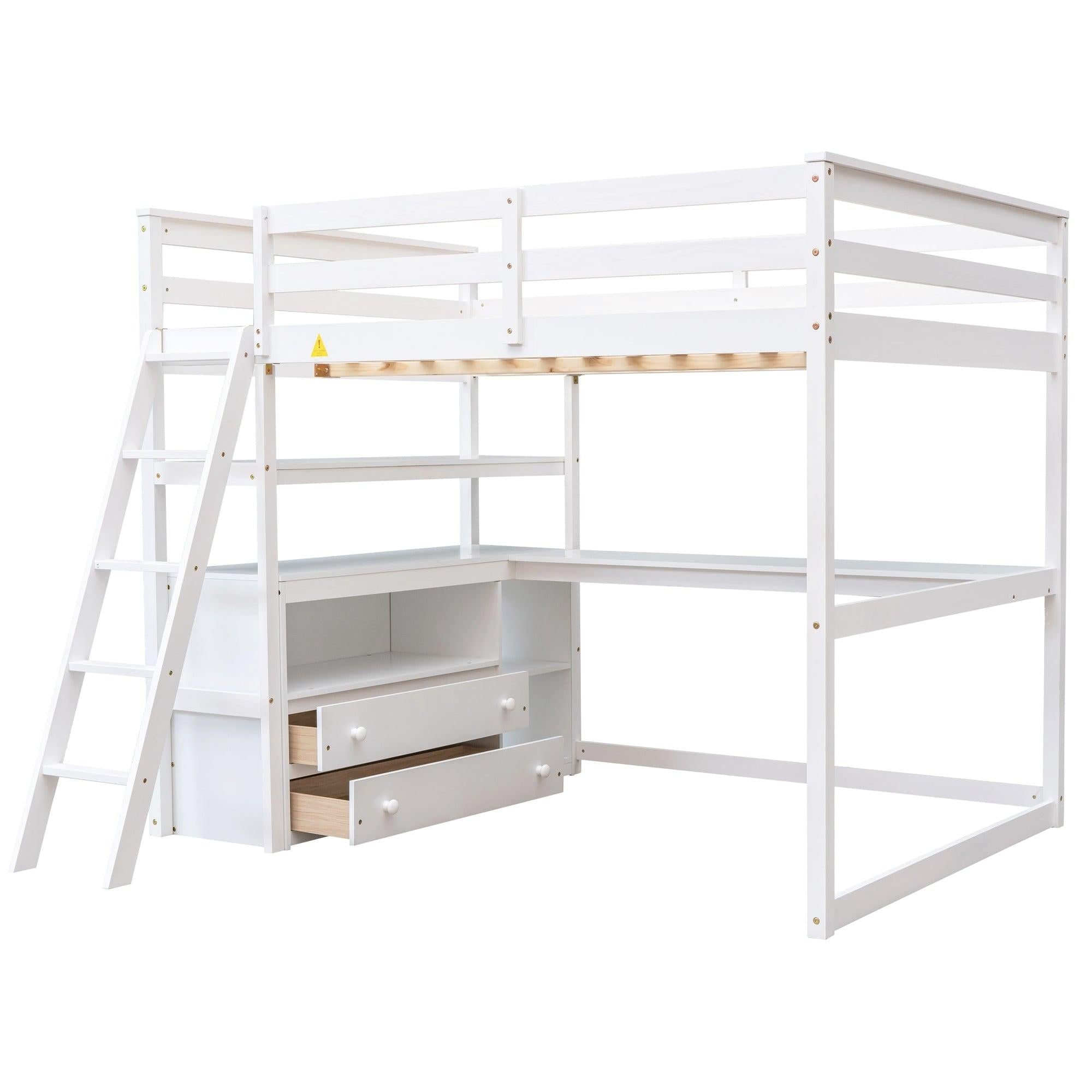 Full Size Loft Bed with Desk and Shelves,Two Built-in Drawers,White