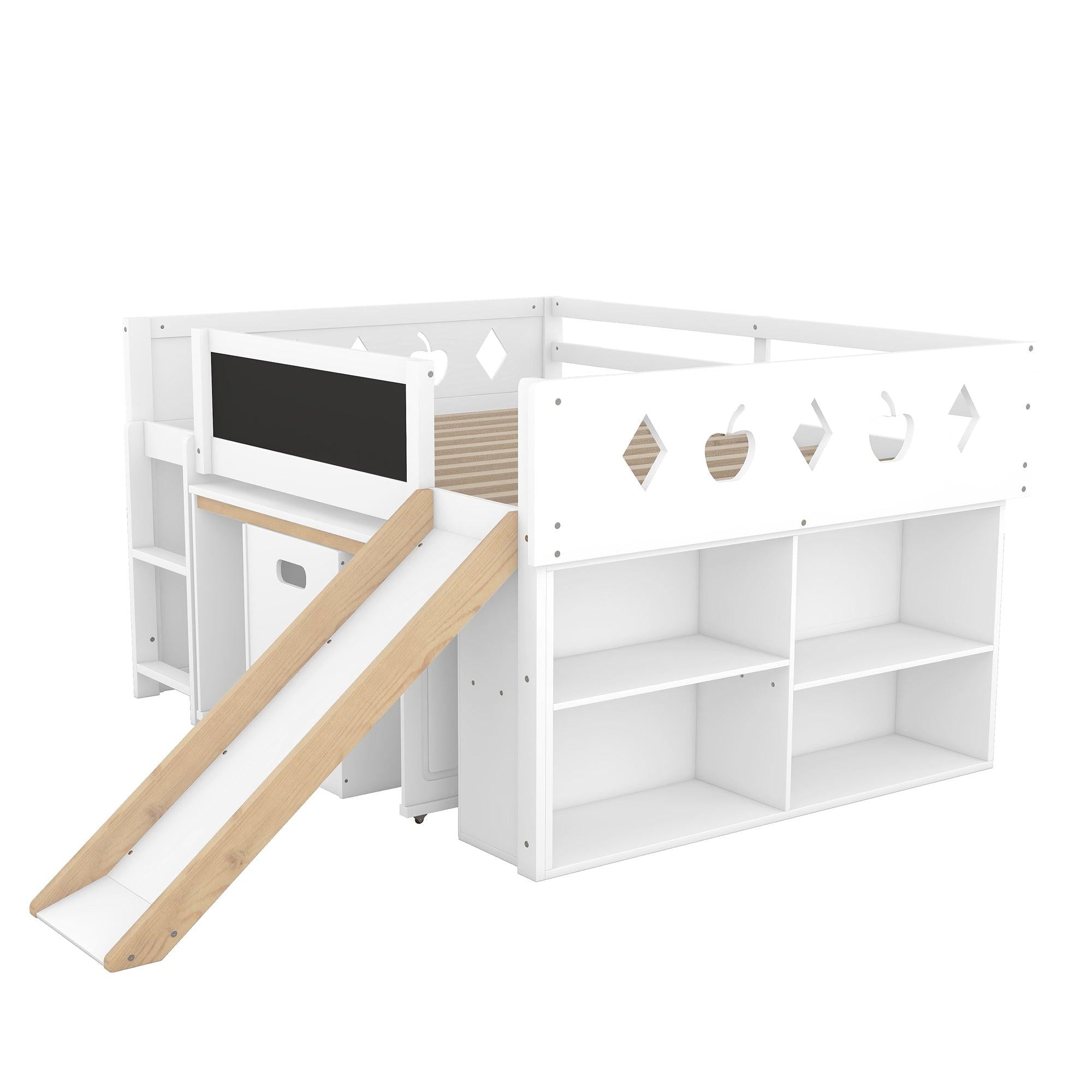 Wood Full Size Loft Bed with Slide, 4 Cabinets, Blackboard, Desk and Chair, White