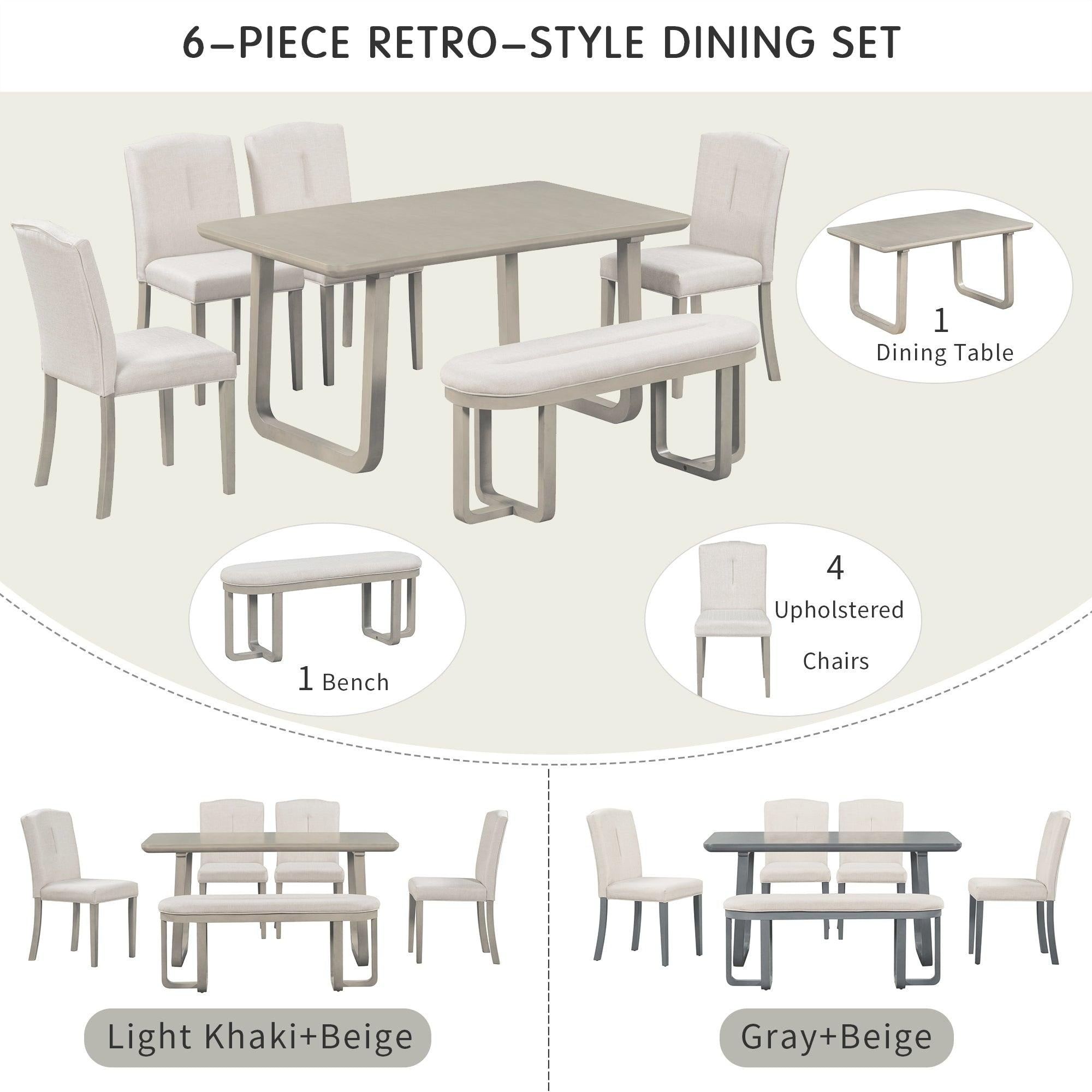 6-Piece Retro-Style Dining Set Includes Dining Table, 4 Upholstered Chairs & Bench with Foam-covered Seat Backs&Cushions for Dining Room (Light Khaki+Beige)