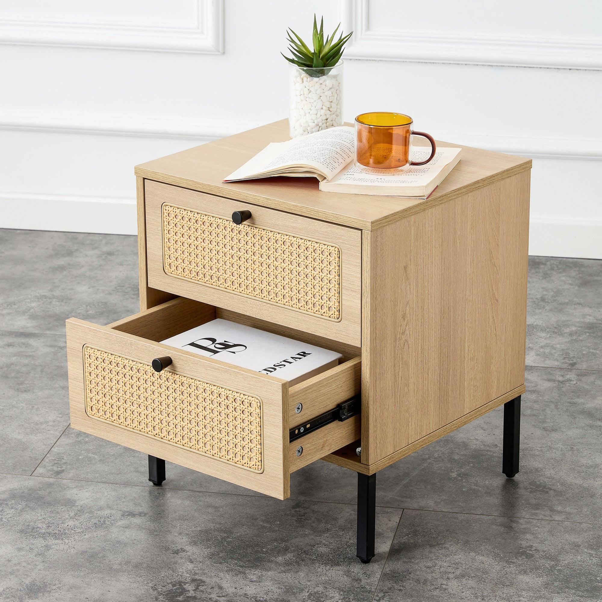 Modern simpleStorage cabinet MDF Board bedside cabinet Japanese rattan bedside cabinet Small household furniture bedside table.Applicable to dressing table in bedroom, porch, living room.2 Drawers