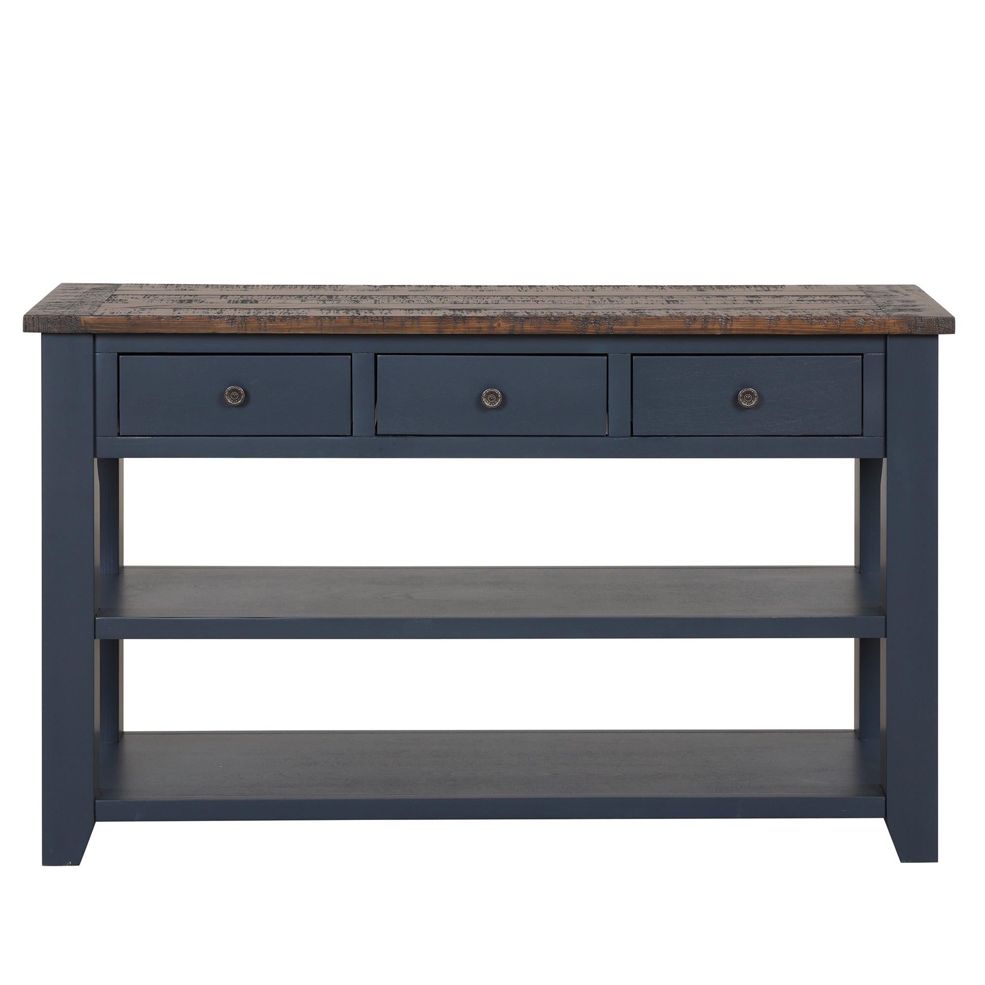 48'' Solid Pine Wood Top Console Table,Modern Entryway Sofa Side Table with 3Storage Drawers and 2 Shelves. Easy to Assemble (Blue)