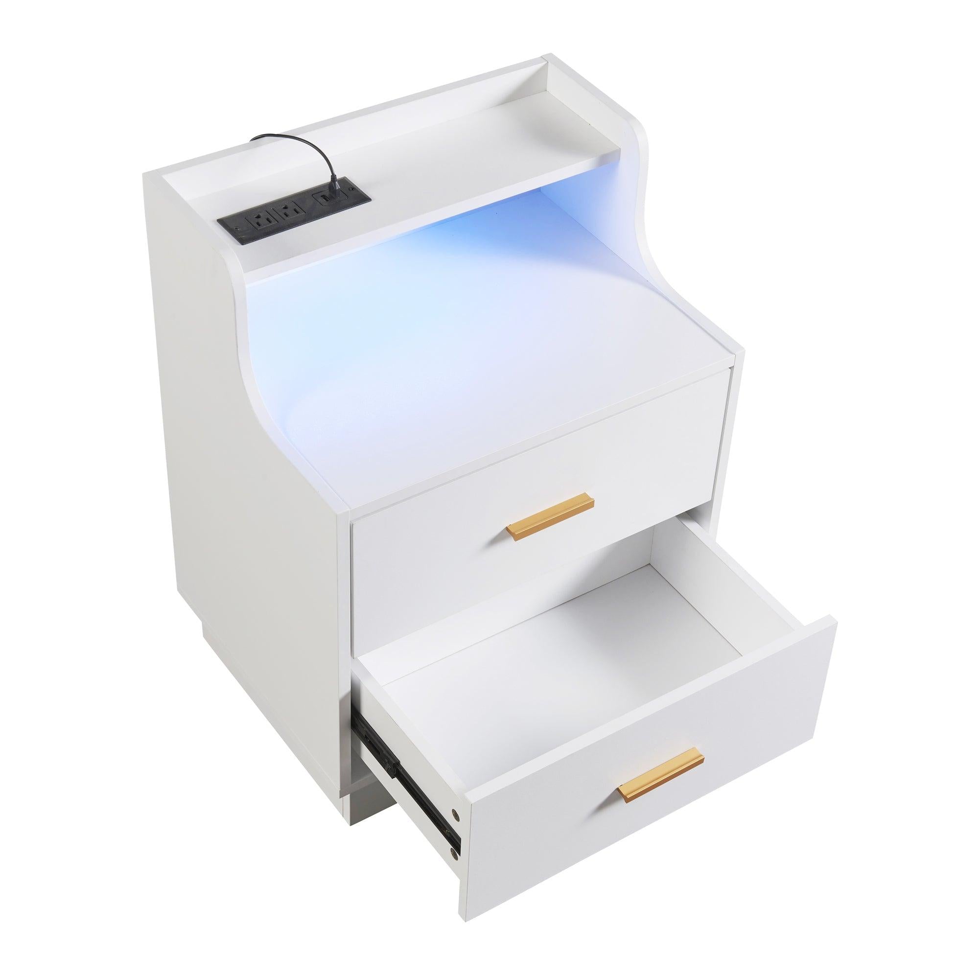 Multifunctional Nightstand with 2 Drawers, Shelf with USB Charging Design and Color-Changing LED, White