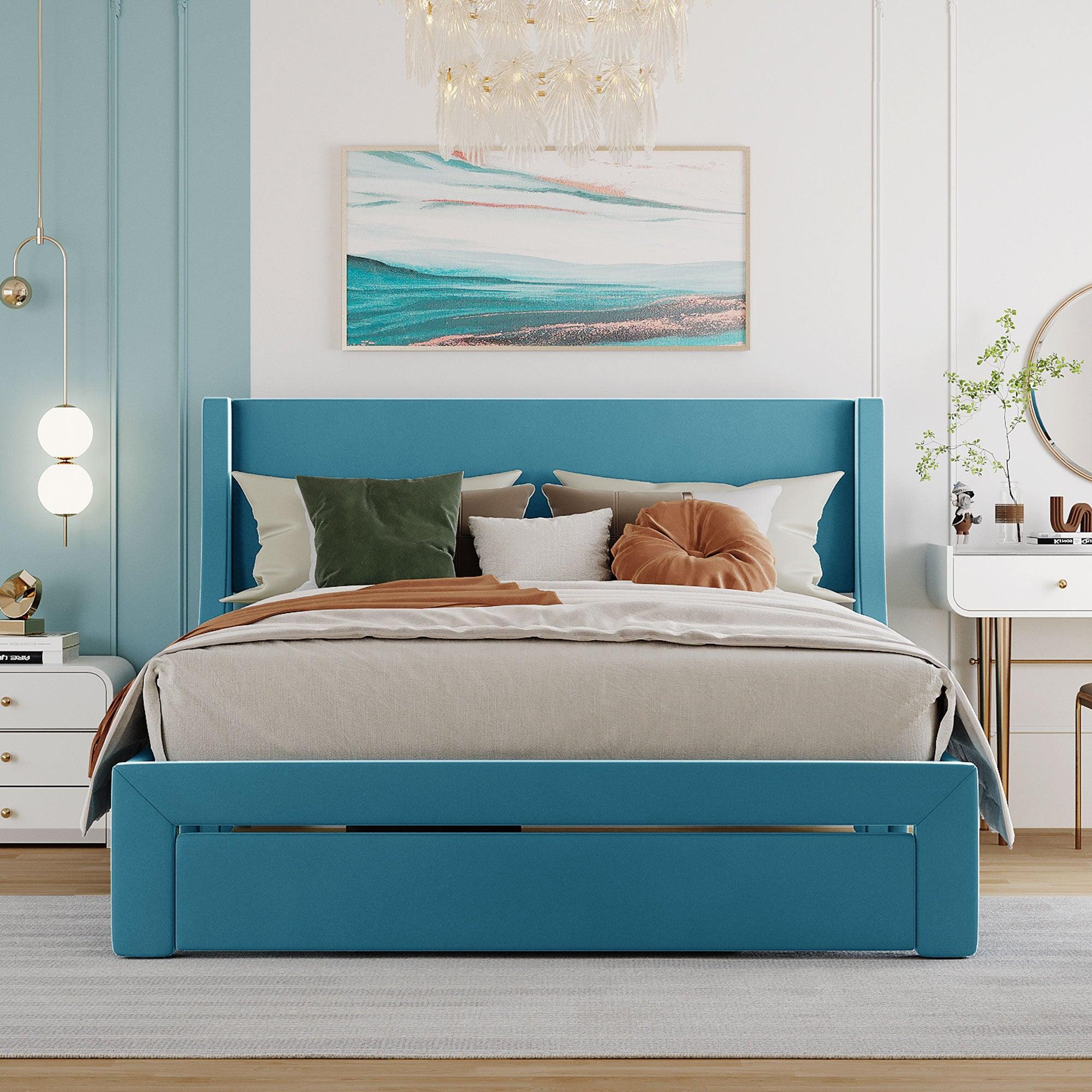 Queen SizeStorage Bed Velvet Upholstered Platform Bed with a Big Drawer - Blue