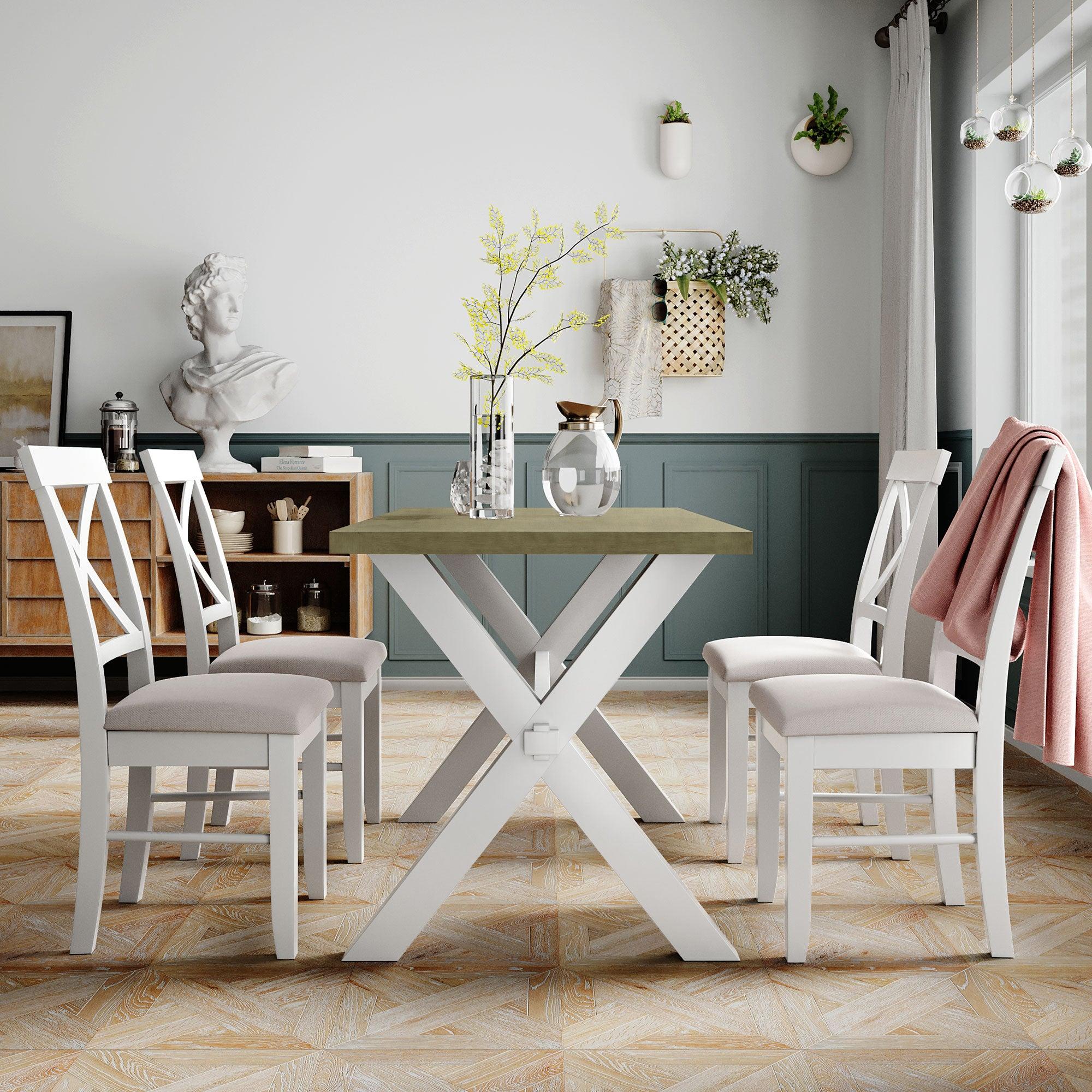 5 Pieces Farmhouse Rustic Wood Kitchen Dining Table Set with Upholstered 4 X-back Chairs, Gray Green+White+Beige image