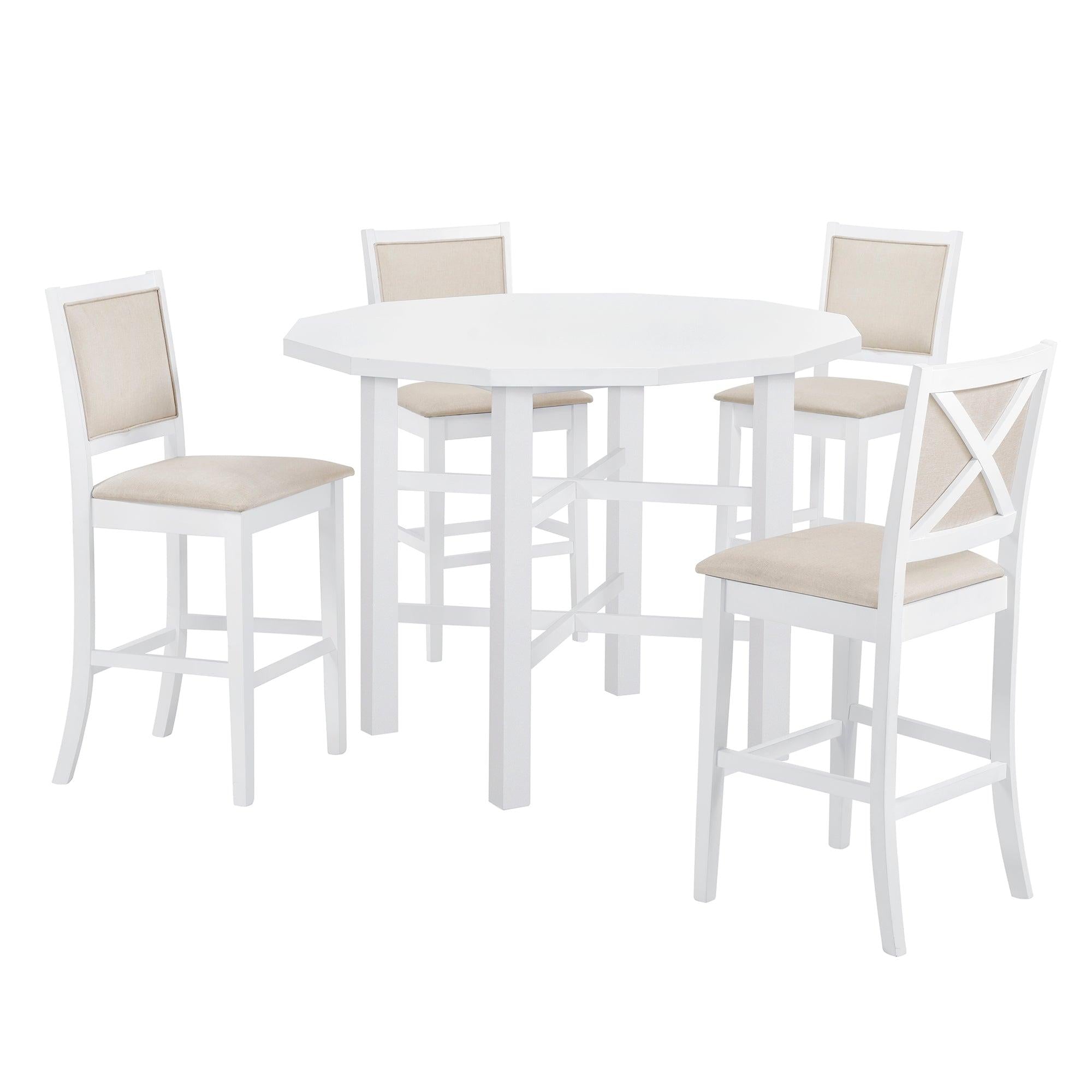 5-Piece Rubber Wood Counter Height Dining Table Set, Irregular Table with 4 High-back Cushioned Chairs for Small Place, White