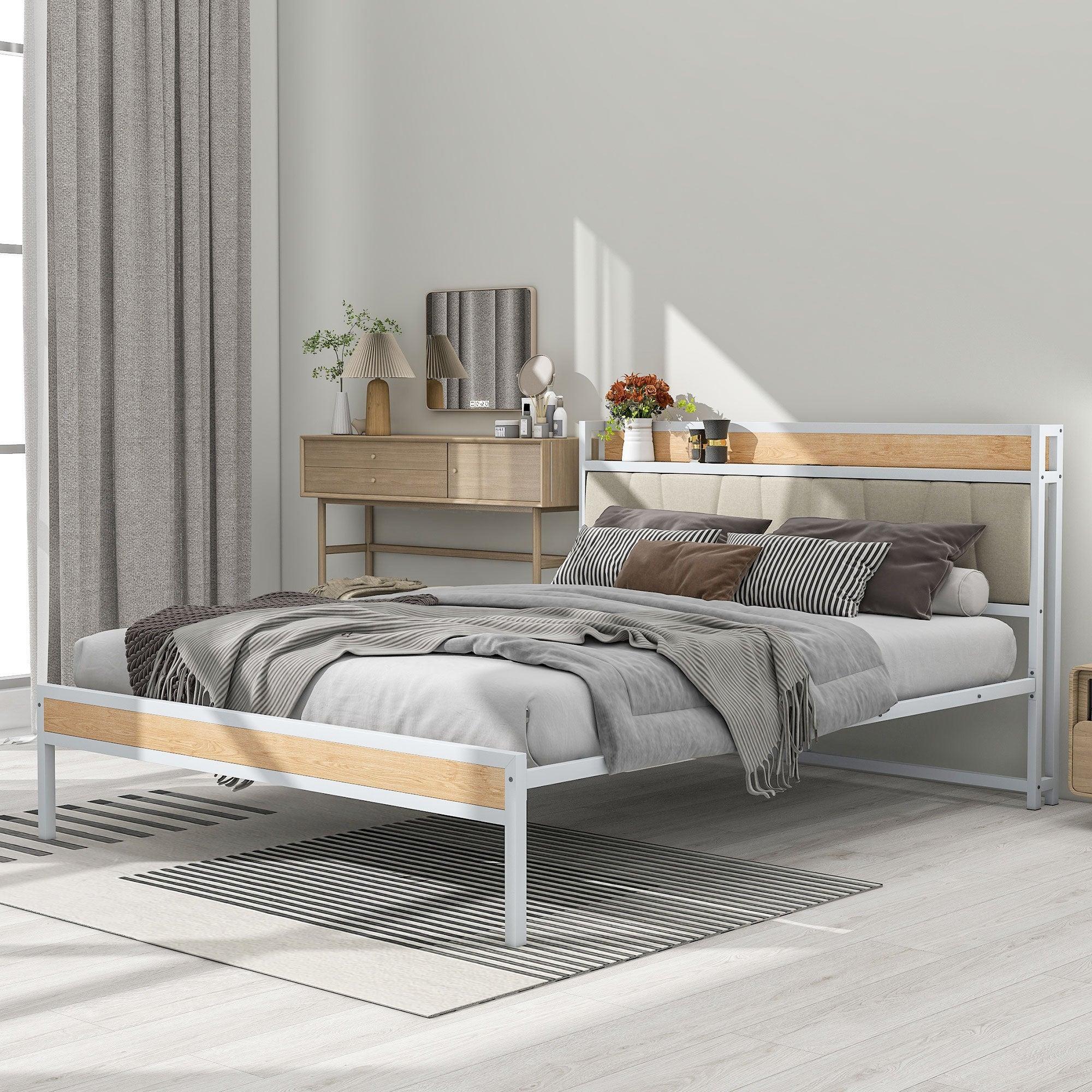 Queen Size Metal Platform Bed Frame with Upholstered headboard ，Sockets, USB Ports and Slat Support ,No Box Spring Needed，White image