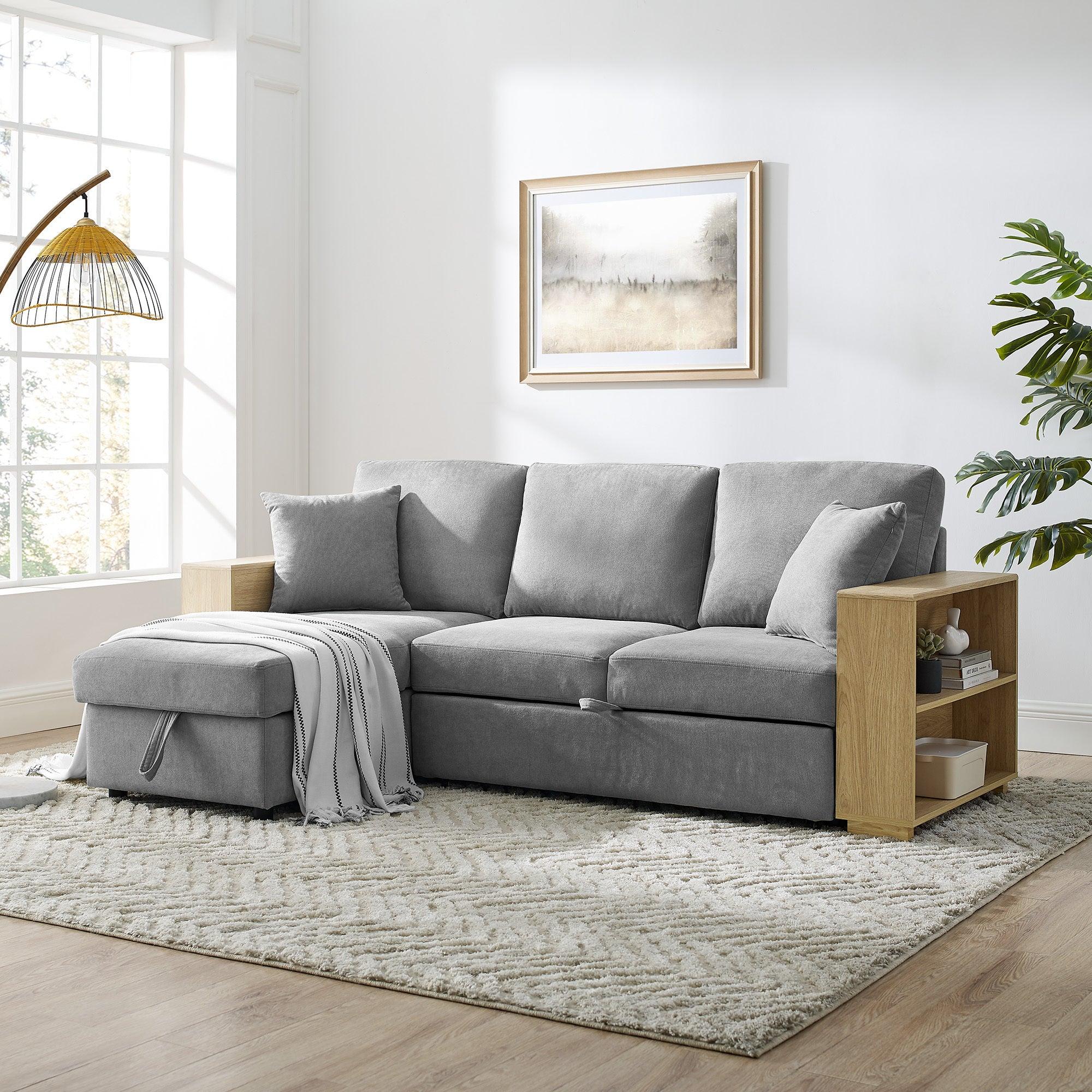 Sectional Sofa with Pulled Out Bed, 2 Seats Sofa and Reversible Chaise withStorage, MDF Shelf Armrest, Two Pillows, Grey, (88" x52" x 34") image