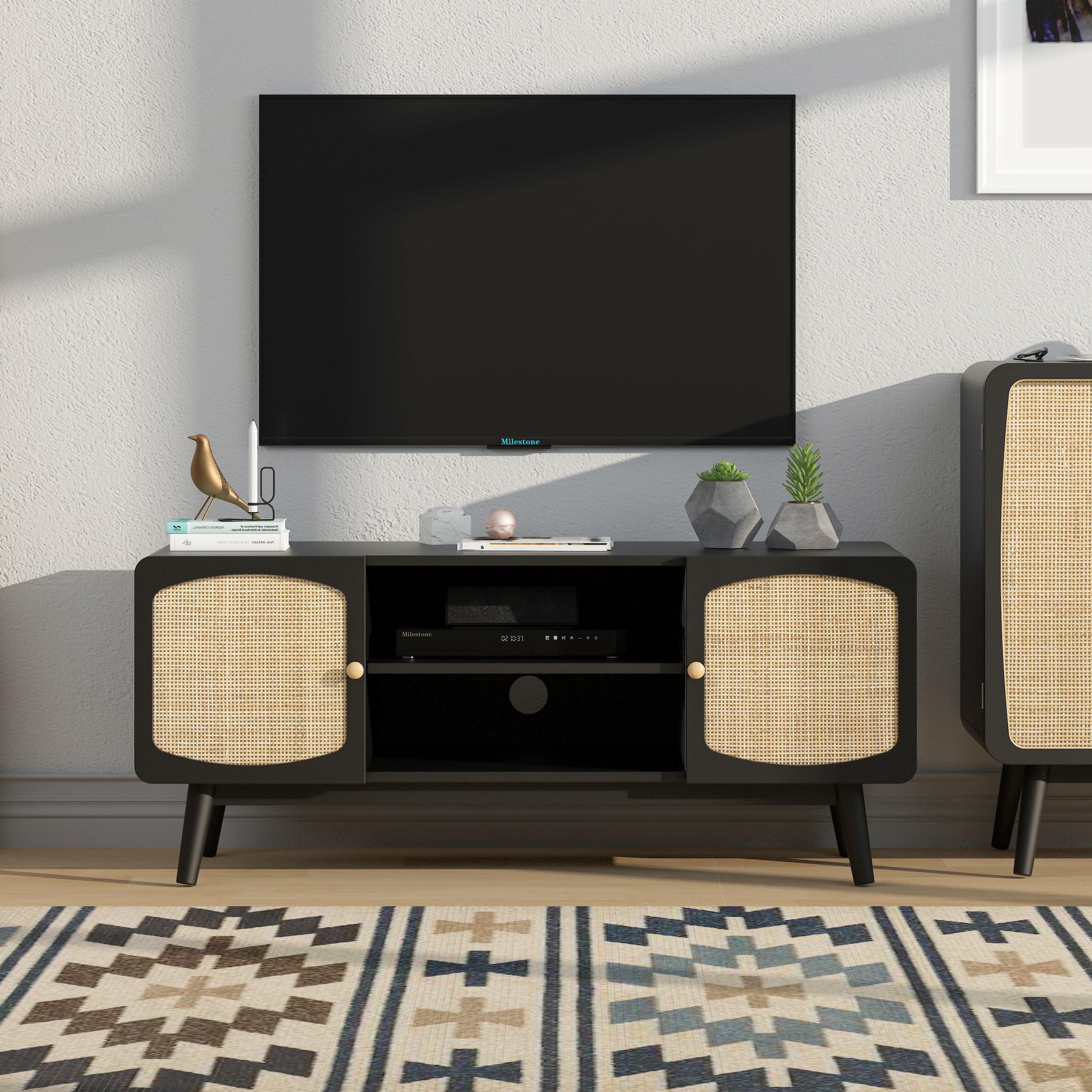 Black TV Console with Rattan Door, Boho TV Stand for Bedroom, Living Room image