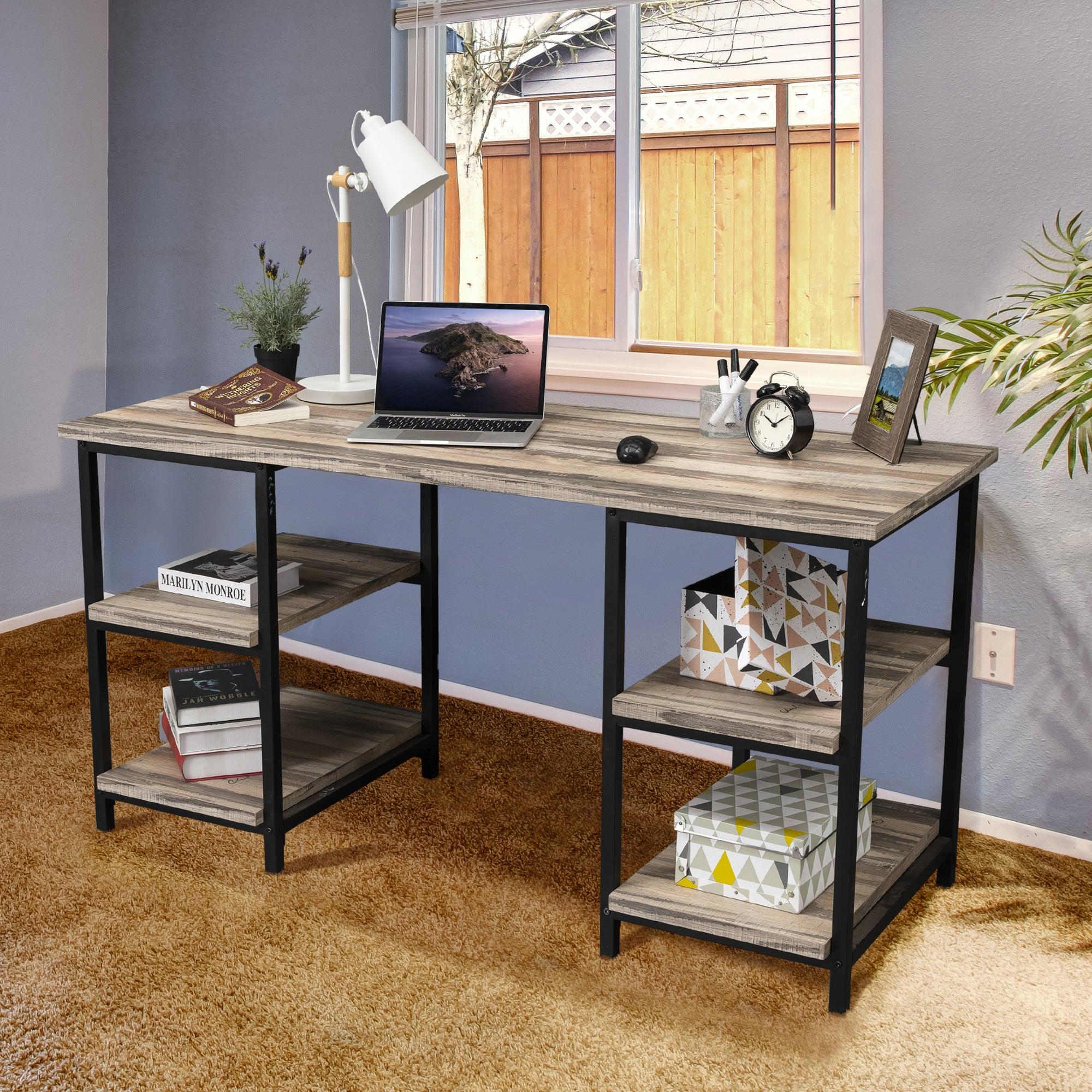 59 Inches Computer Desk Trestle Desk with Both Side 2-Tier Shelves,Modern Simple Style Study Work Game Desk , Workstation Home Office Table, Rustic Wood Desk