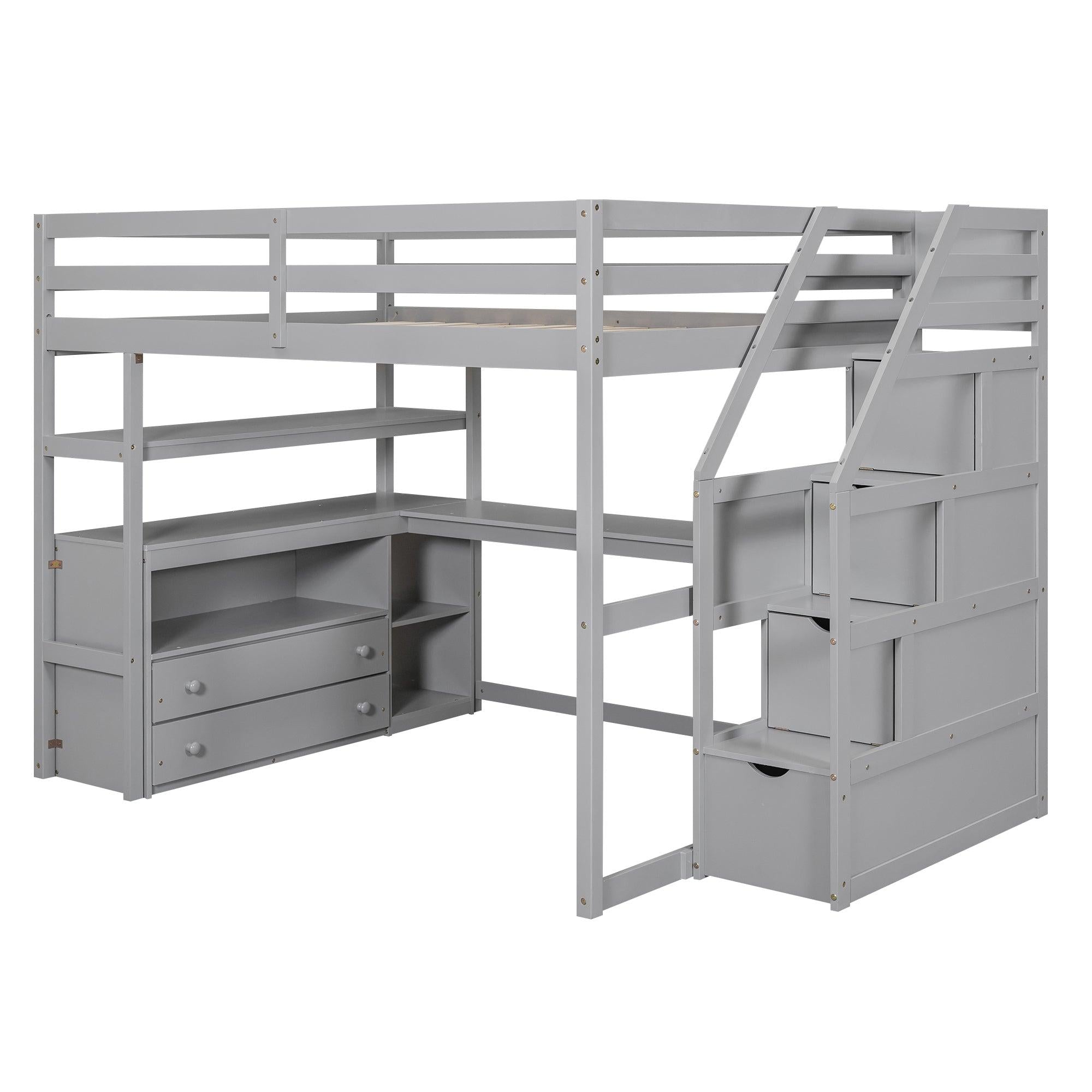 Full Size Loft Bed with Desk and Shelves, Two Built-in Drawers,Storage Staircase, Gray