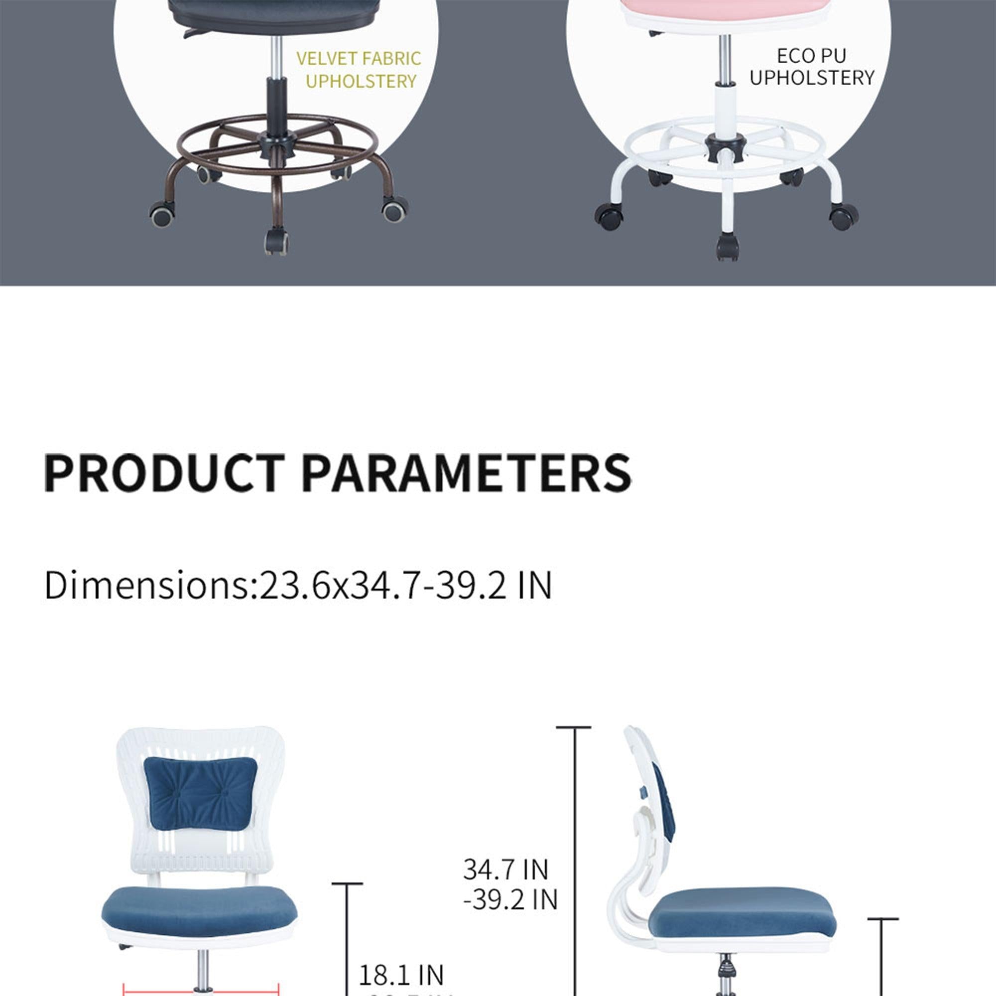 Home Office Desk Chair,Drafting Chair,Height Adjustable Rolling Chair, Armless CuteModern Task Chair for Make Up and Teens Homework,White+Green