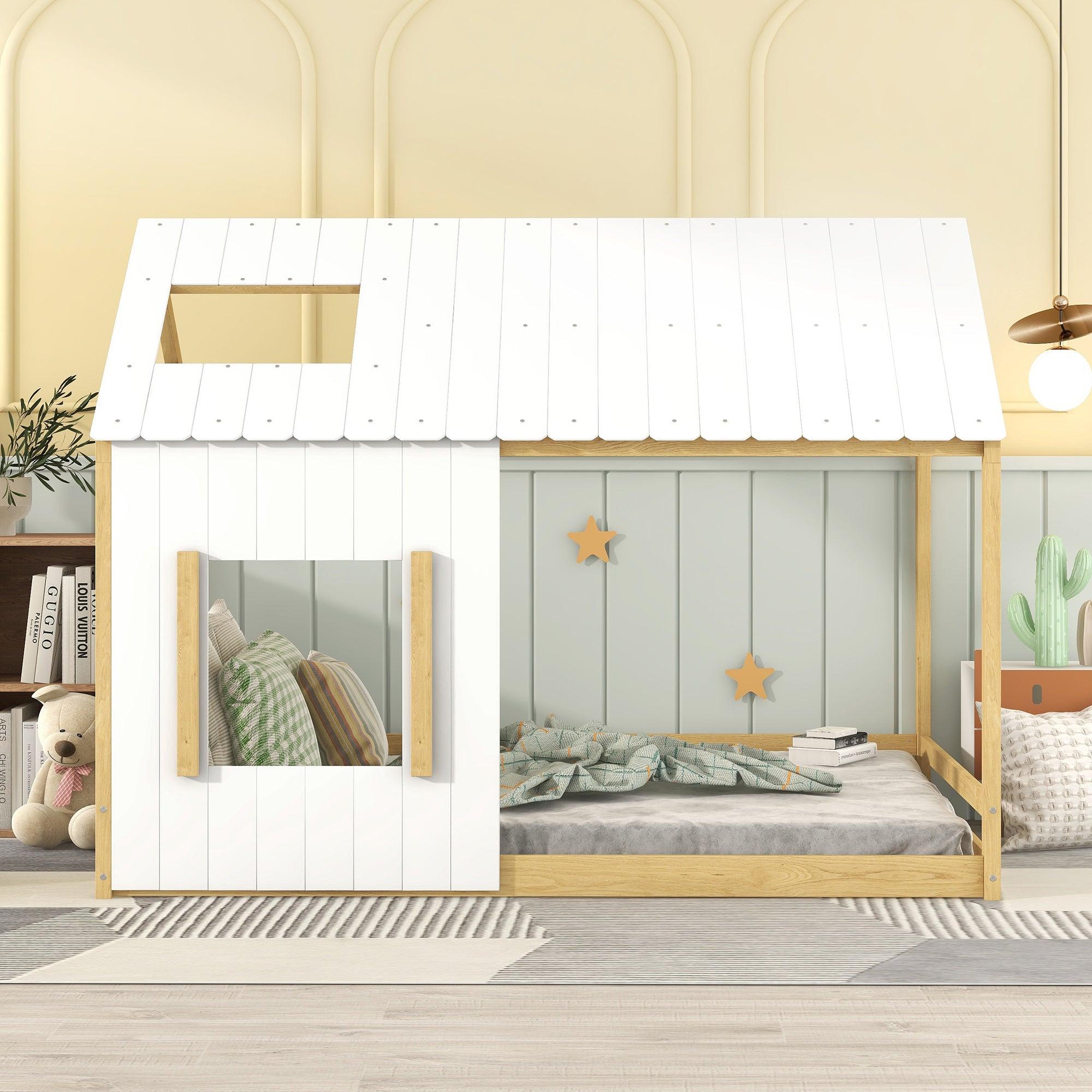 Full Size House Bed with Roof and Window - White+Natural