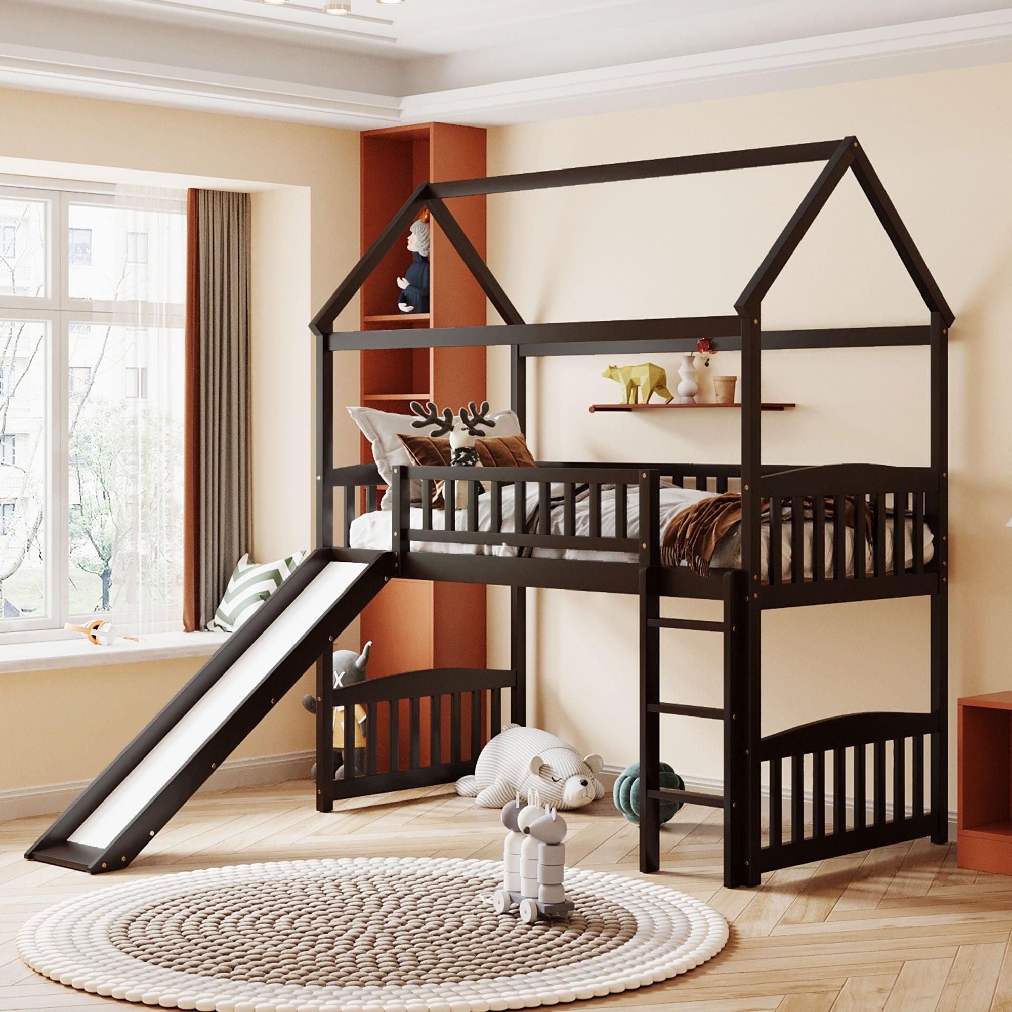 Twin Loft Bed with Slide, House Bed with Slide,Espresso image