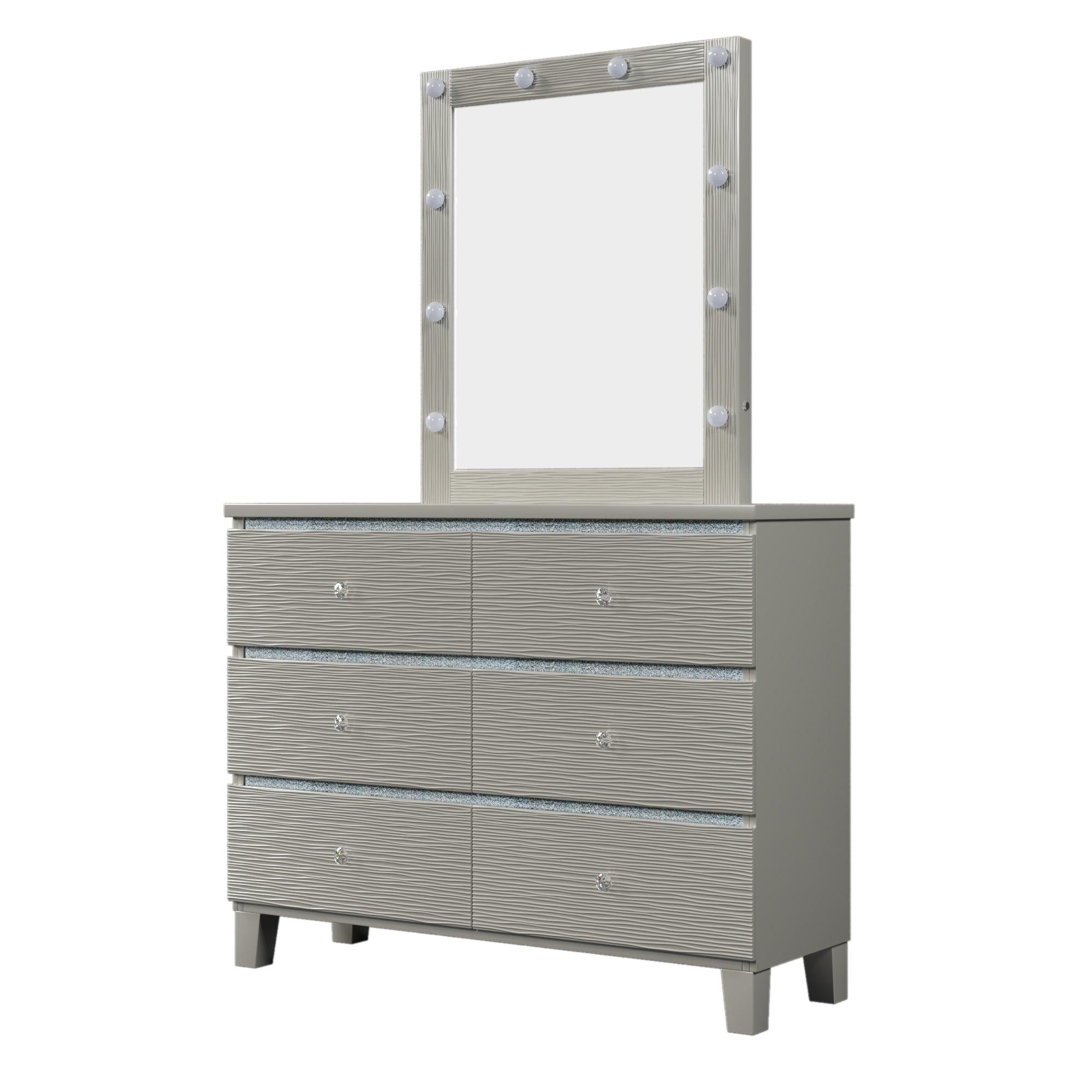 Champagne Silver Rubber Wood Dresser & Mirror with 6 Drawers Metal Slides Crystal Handle LED Lights Mirror