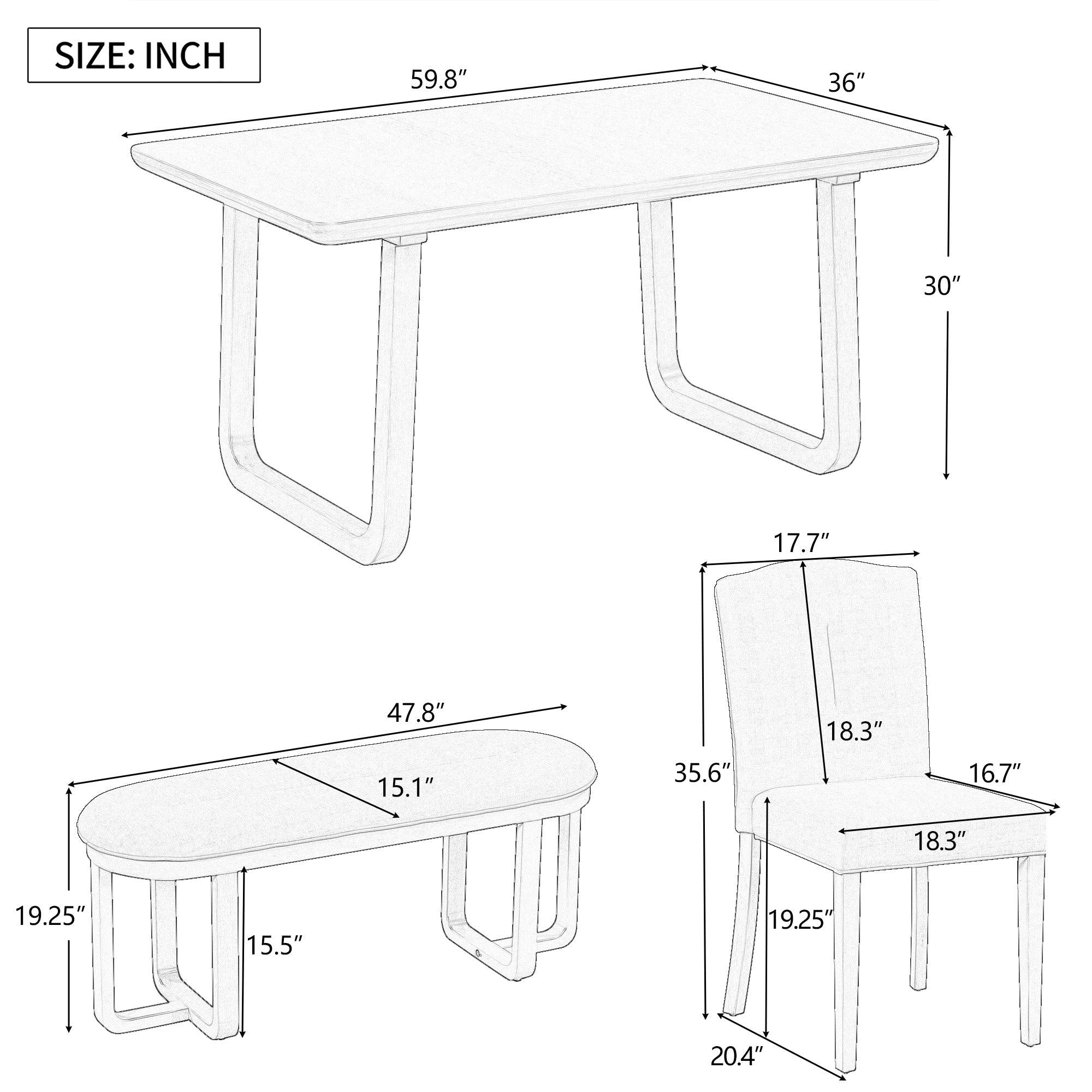 6-Piece Retro-Style Dining Set Includes Dining Table, 4 Upholstered Chairs & Bench with Foam-covered Seat Backs&Cushions for Dining Room (Light Khaki+Beige)