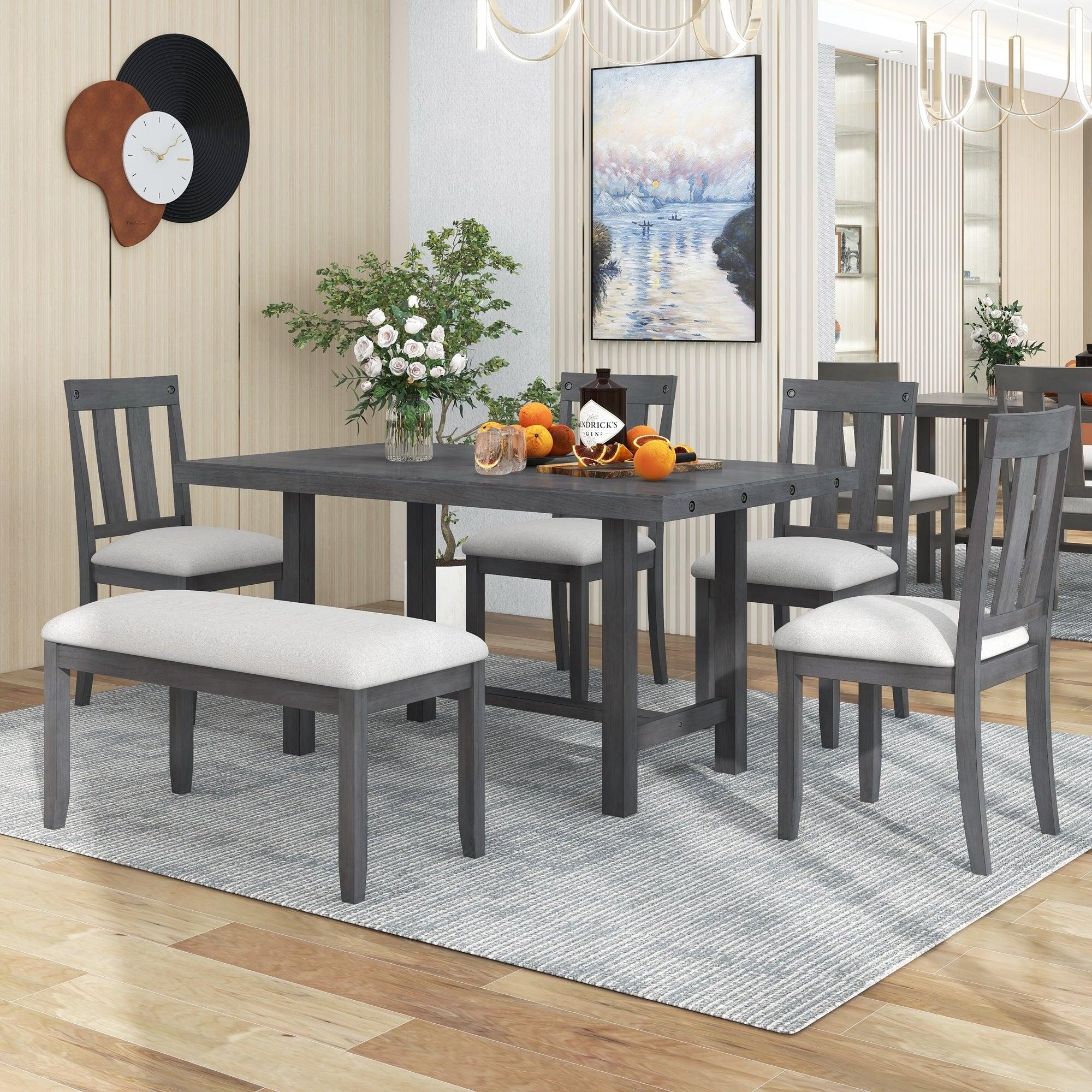 Rustic Farmhouse 6-Piece Wooden Rustic Style Dining Set, Including Table, 4 Chairs & Bench (Gray)