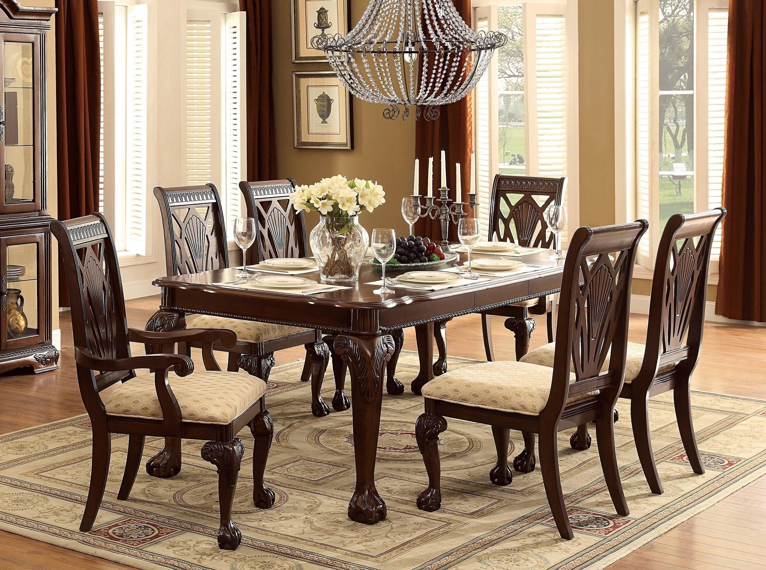 Dark Cherry Finish Formal Dining 5pc Set Table with Extension Leaf and 4x Side Chairs Upholstered Seat Traditional Design Furniture