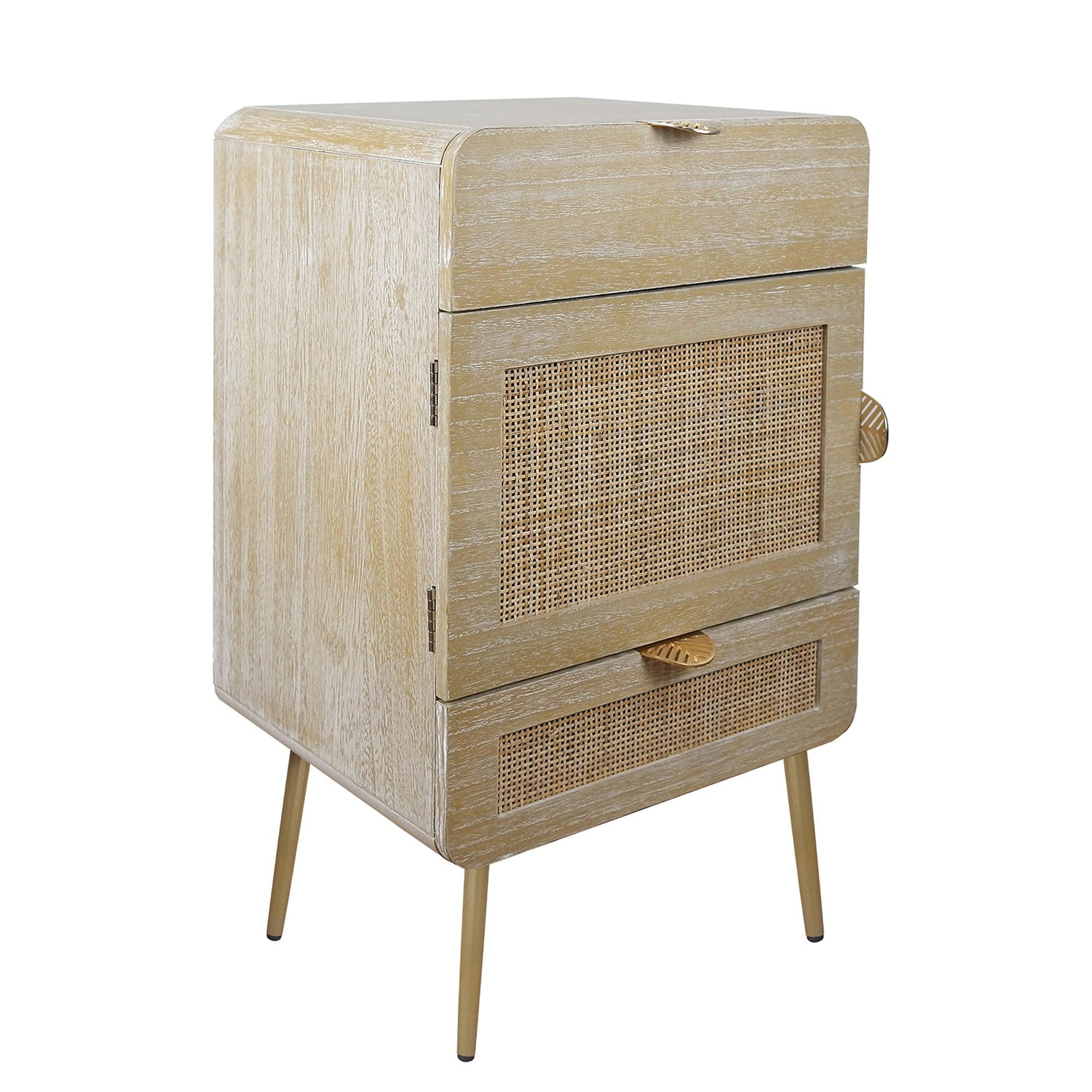 Wooden Nightstand with Rattan Panel,Two Drawers ,One Cabinet and Metal Feet  Bedside Table (Natural)