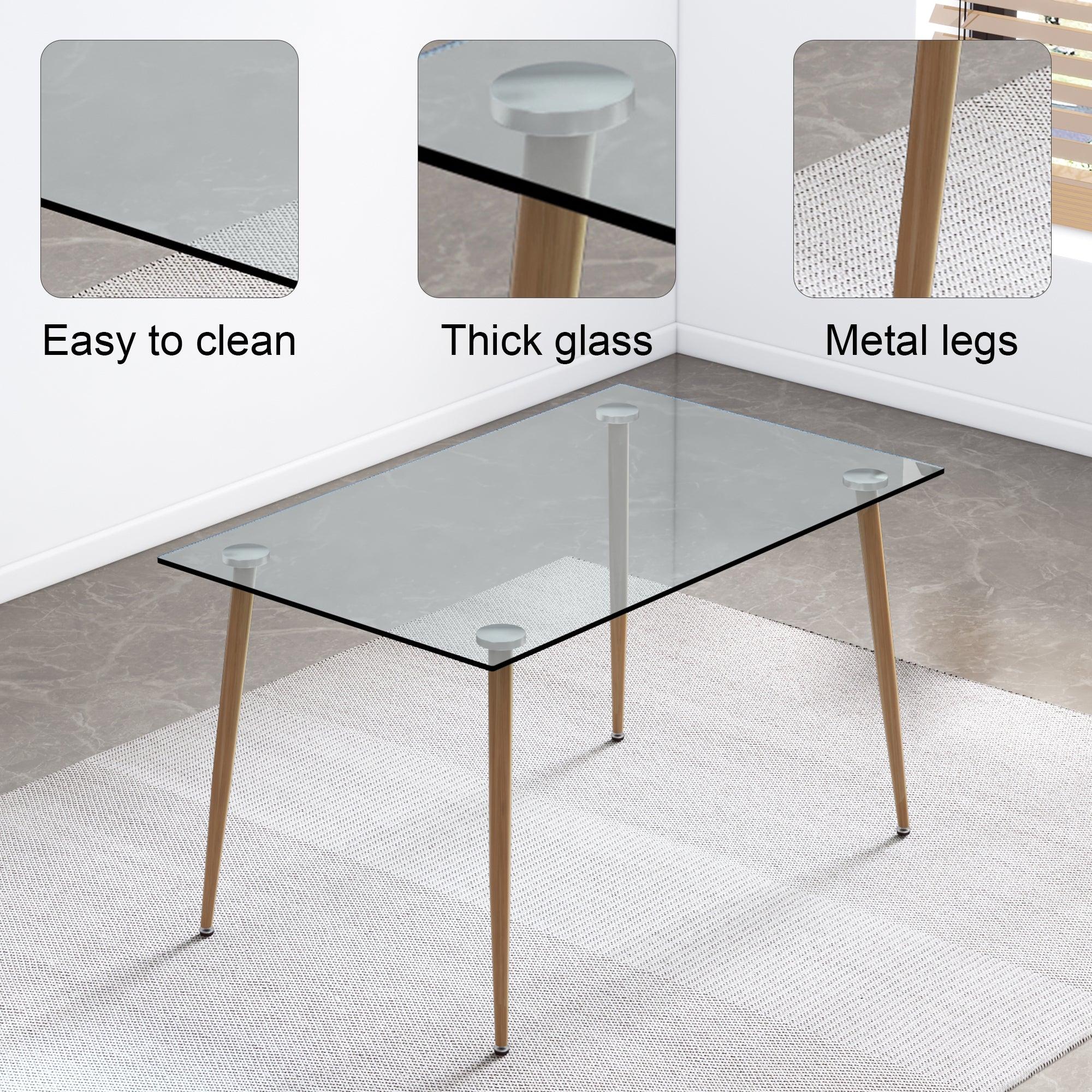 Modern Rectangular Glass Dining Table for 4-6 with 0.31" Tempered Glass Tabletop and Light woodcolor Powder Coating  Metal Legs, Writing Table Desk,for Kitchen Dining Living Room, 51" W x 31"D x 30" H