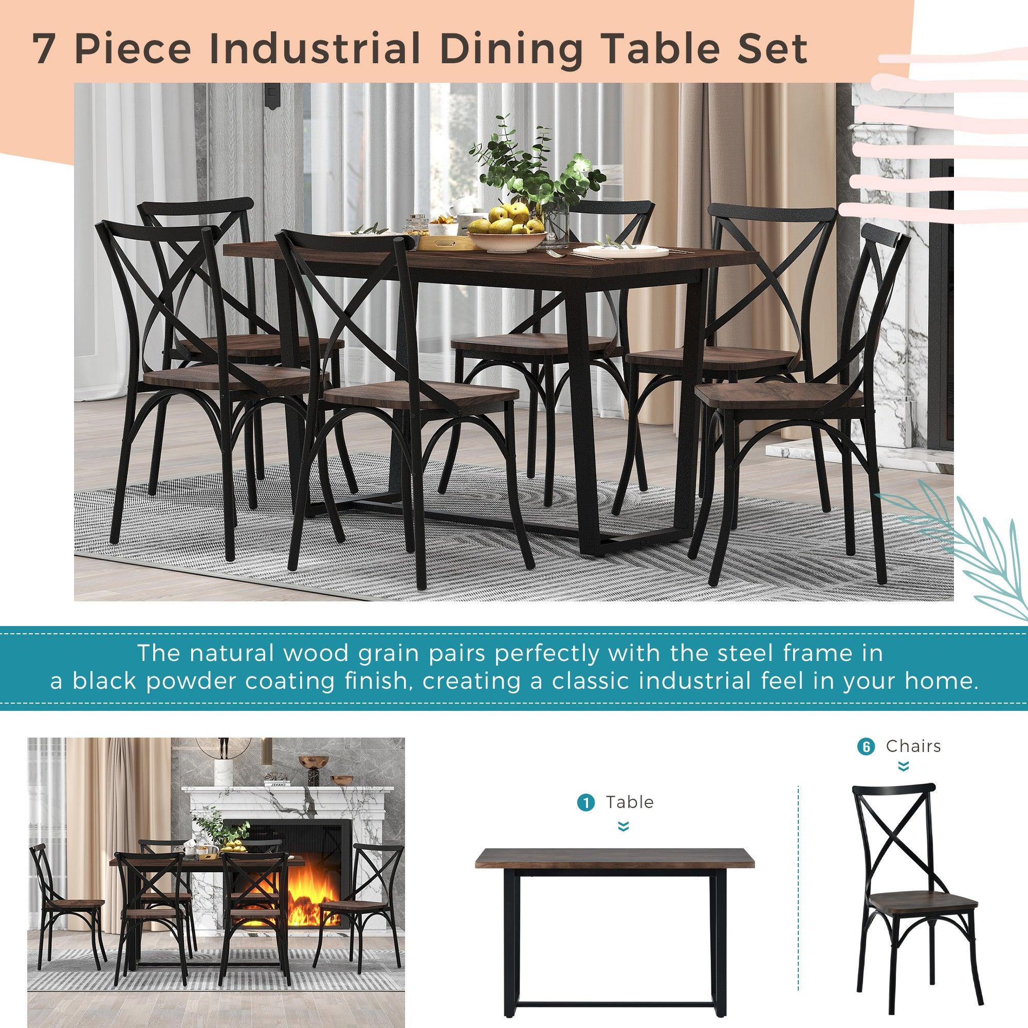 7 Piece Industrial Dining Table Set Rectangular Table with 6 Dining Chairs Kitchen Table Set with Metal Frame (Rustic Brown)