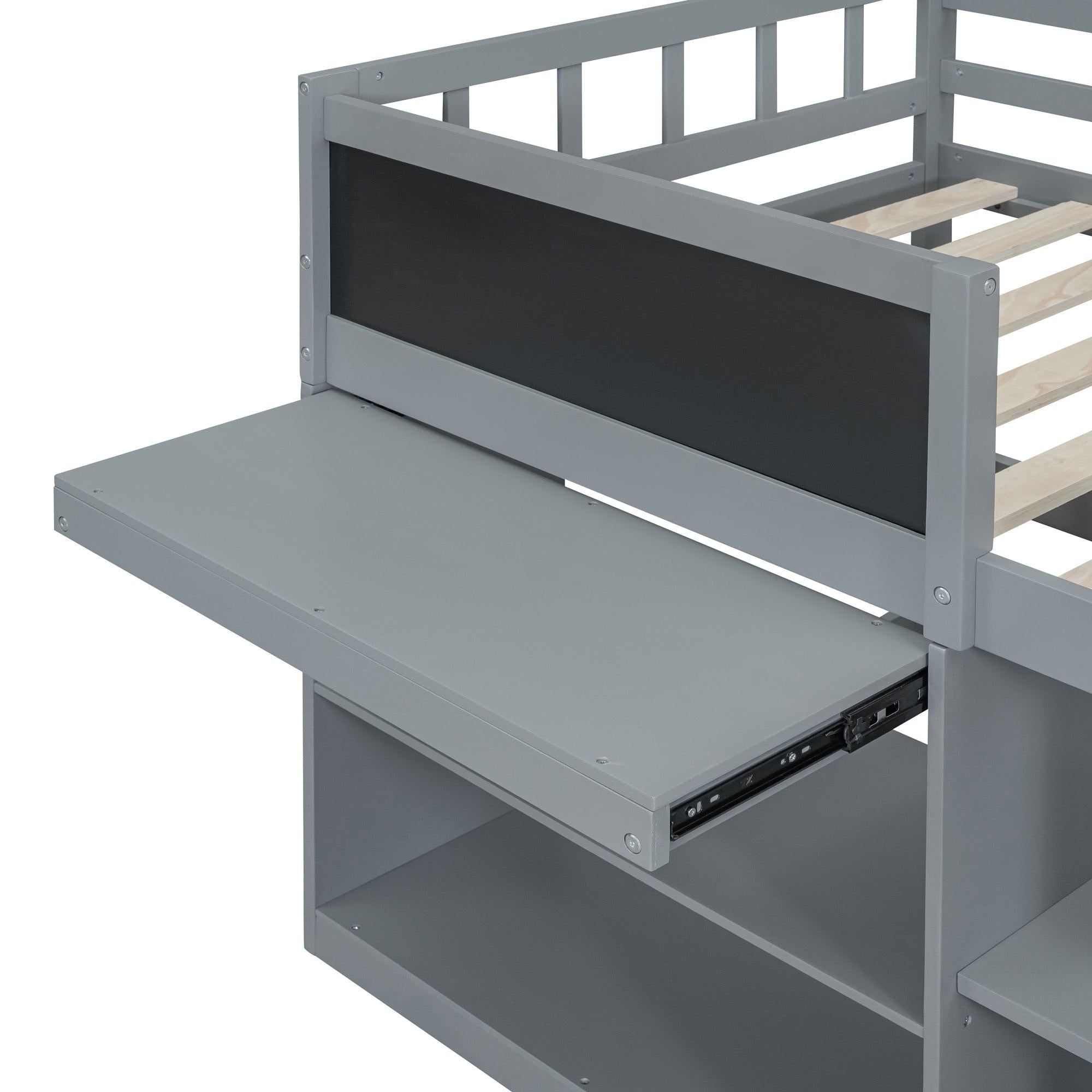 Twin Size Low Loft Bed with Rolling Desk, Shelf and Drawers - Gray