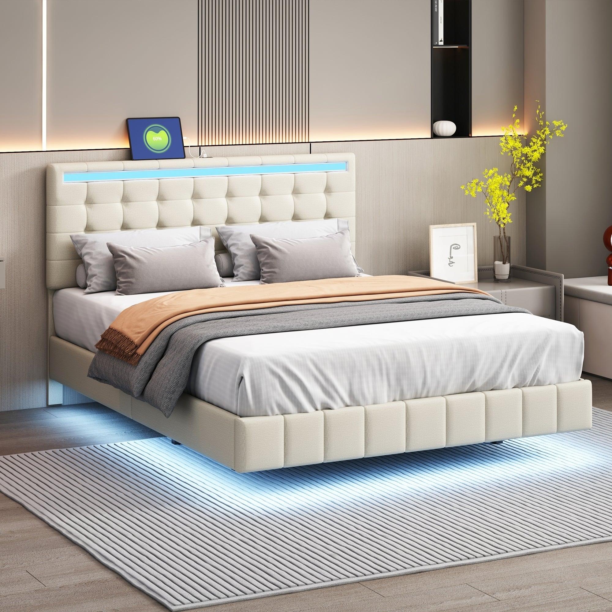 Queen Size Floating Bed Frame with LED Lights and USB Charging,Modern Upholstered Platform LED Bed Frame,Beige image