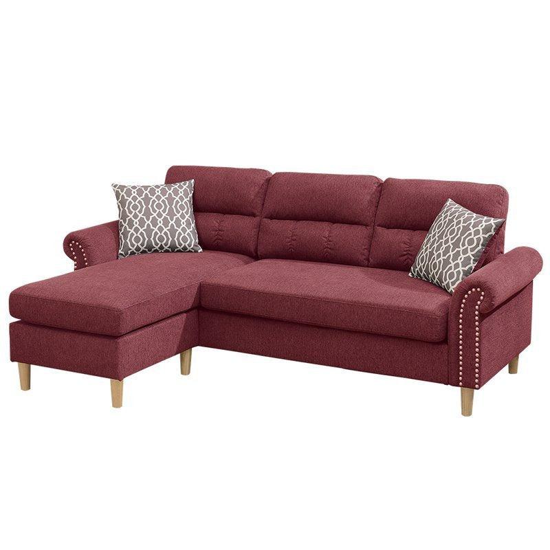 Paparika Red Color Polyfiber Reversible Sectional Sofa Set Chaise Pillows Plush Cushion Couch Nailheads