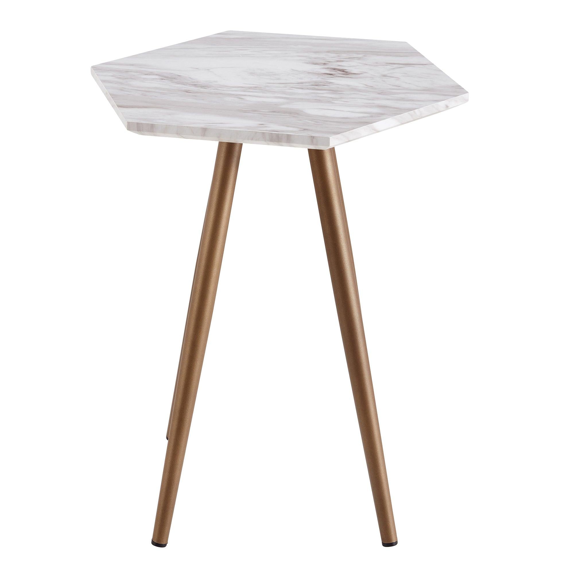 Modern Minimalism White Faux Marble End&Side Table, Small Accent Coffee Table with Dark ld Metal Legs, Hexan Nightstand for Living Room,Bedroom, Apartment Small Space ( MDF Tabletop + Metal Legs )