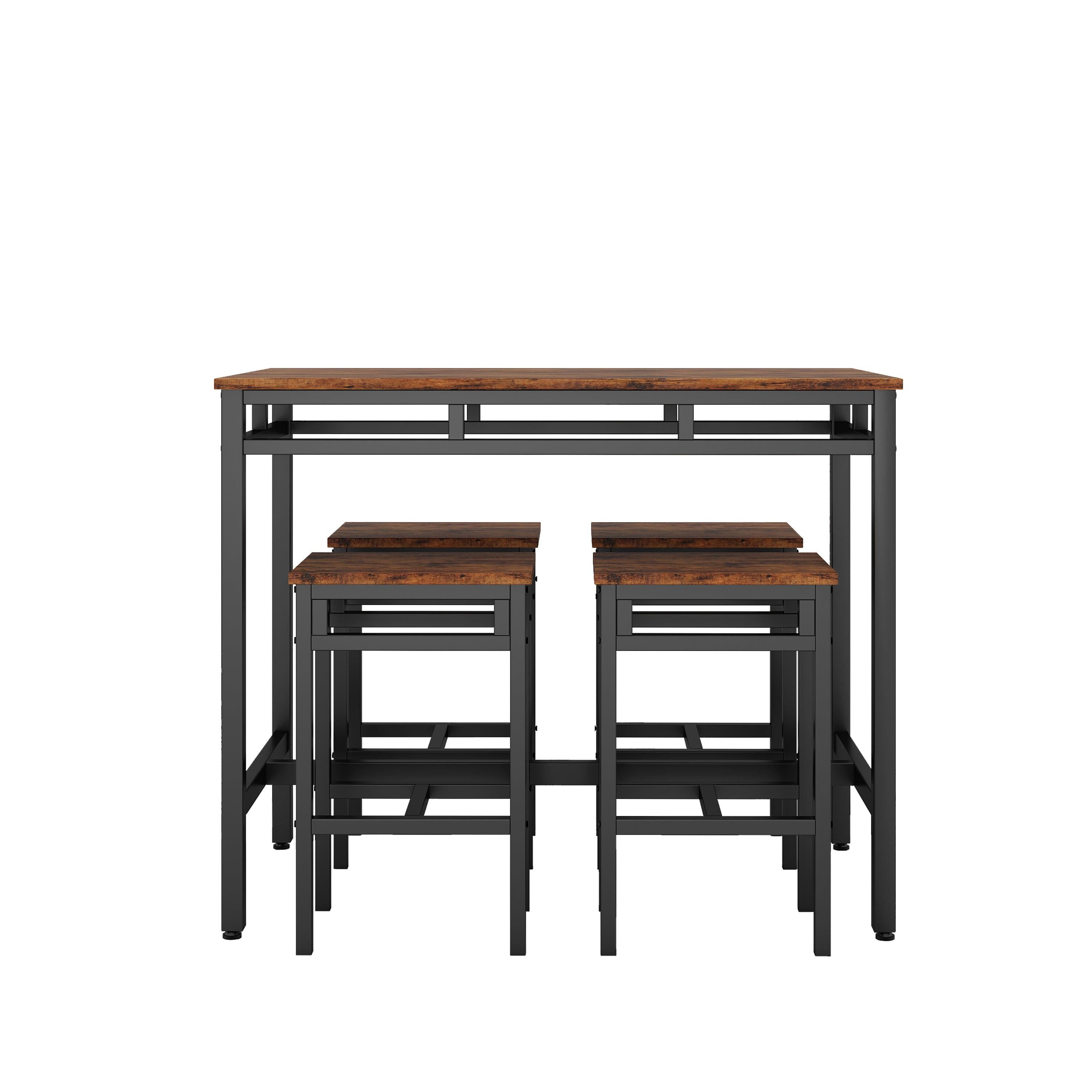 Bar table set 5PC Dinging table set with high stools, structural strengthening, industrial style (Rustic Brown，43.31''w x 23.62''d x 35.43''h)