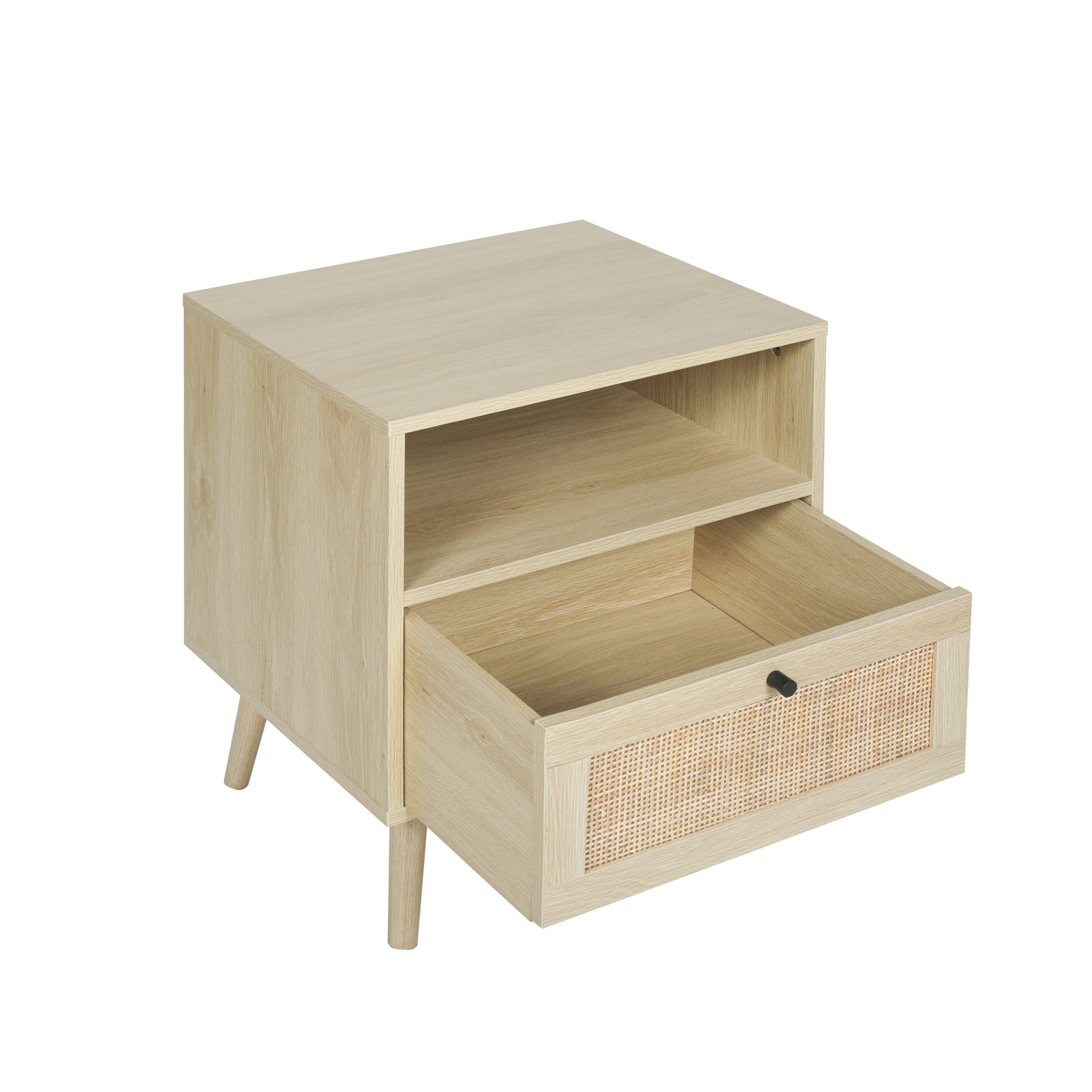 Rattan Nightstand, Wooden Bedside Table End Table for Living Room and Bedroom