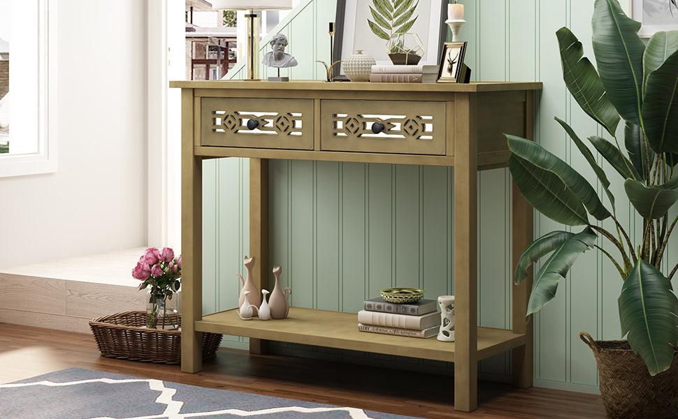 Classic Console Table with Hollow-out Decoration Two Top Drawers and Open Shelf LargeStorage Space (ld)