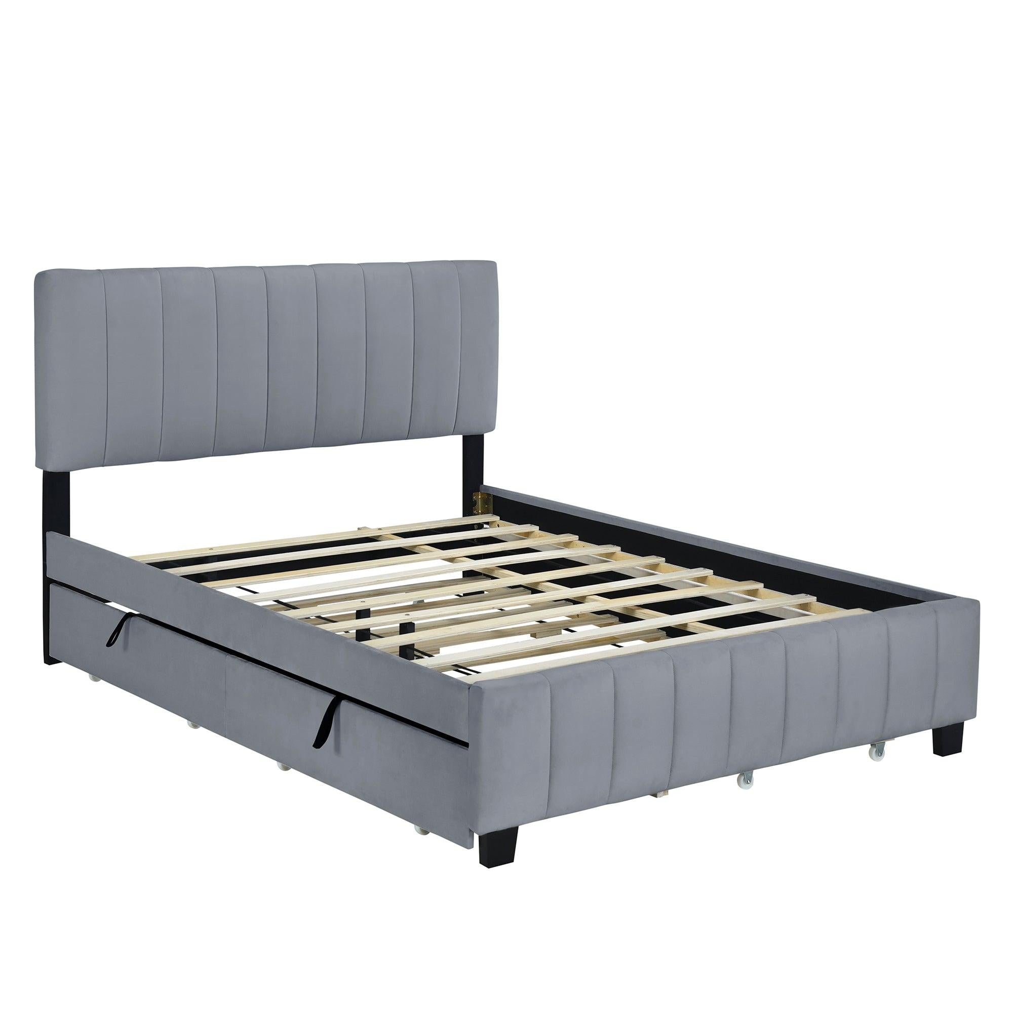 Queen Size Velvet Upholstered Platform Bed with 2 Drawers and 1 Twin XL Trundle- Gray