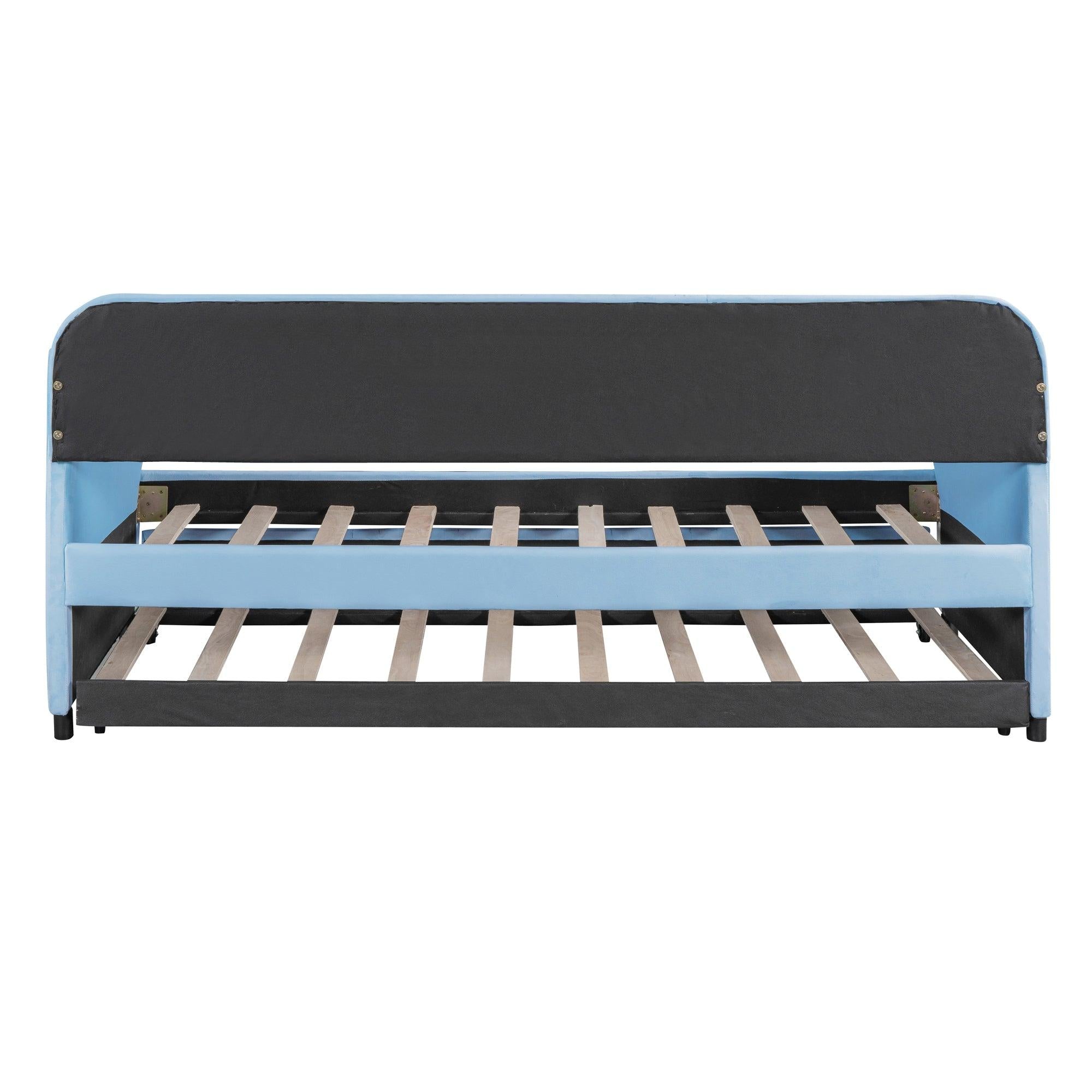 Upholstered Daybed Sofa Bed Twin Size With Trundle Bed and Wood Slat, Light Blue