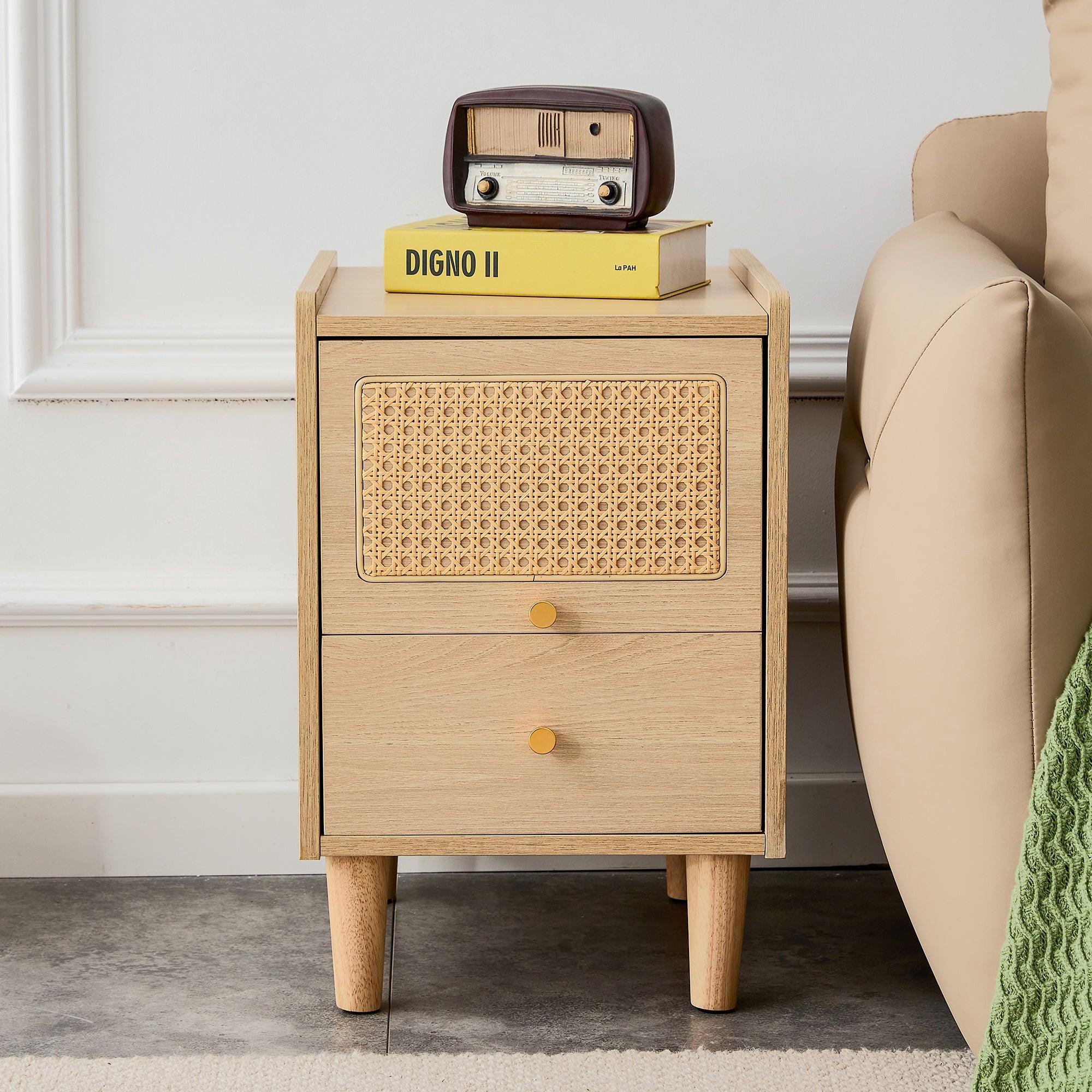 Modern simpleStorage cabinet MDF Board bedside cabinet Japanese rattan bedside cabinet Small household furniture bedside table.Applicable to dressing table in bedroom, porch, living room.2 Drawers image