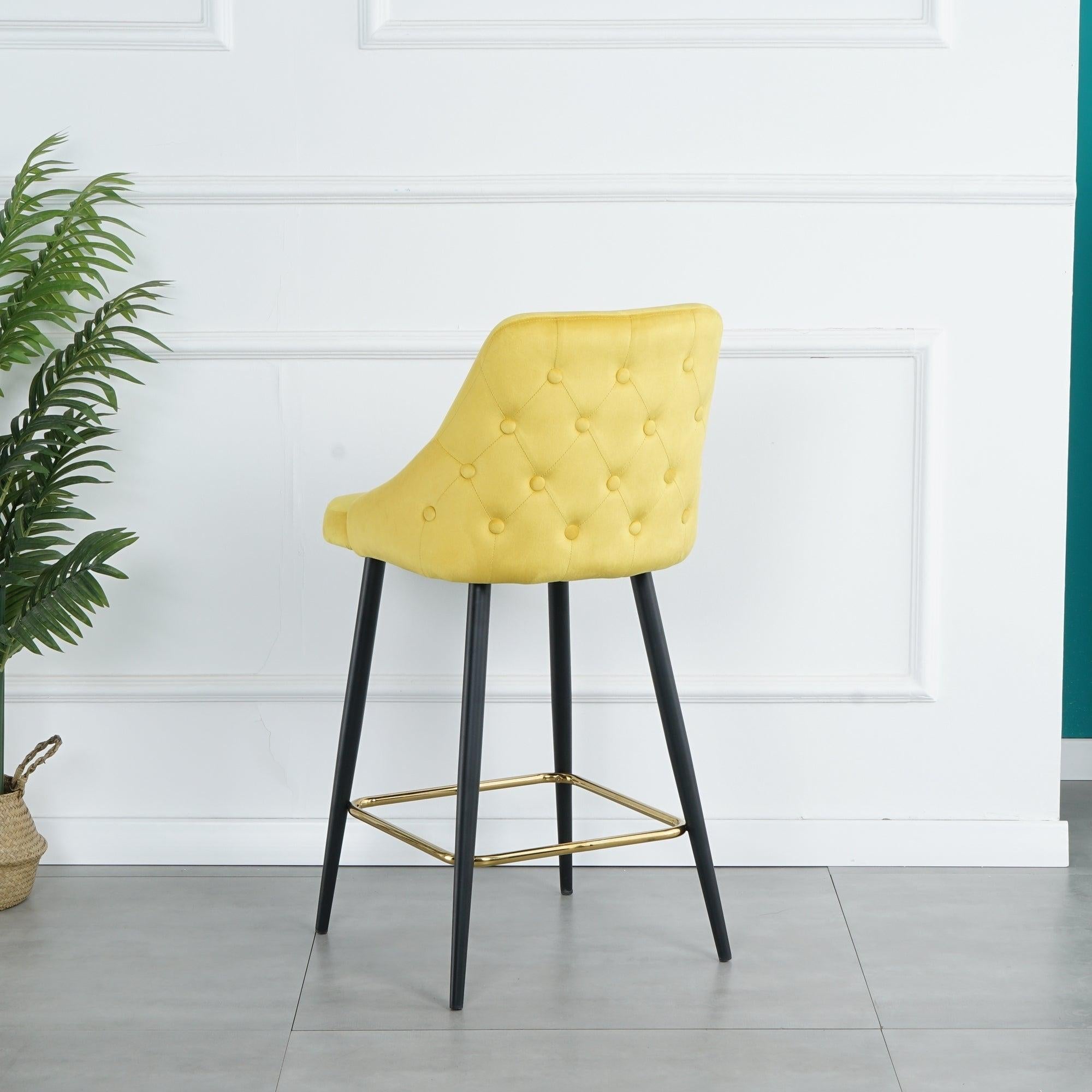 LuxuryModern Yellow Velvet Upholstered High Bar Stool Chair With Gold Legs(set of 2)