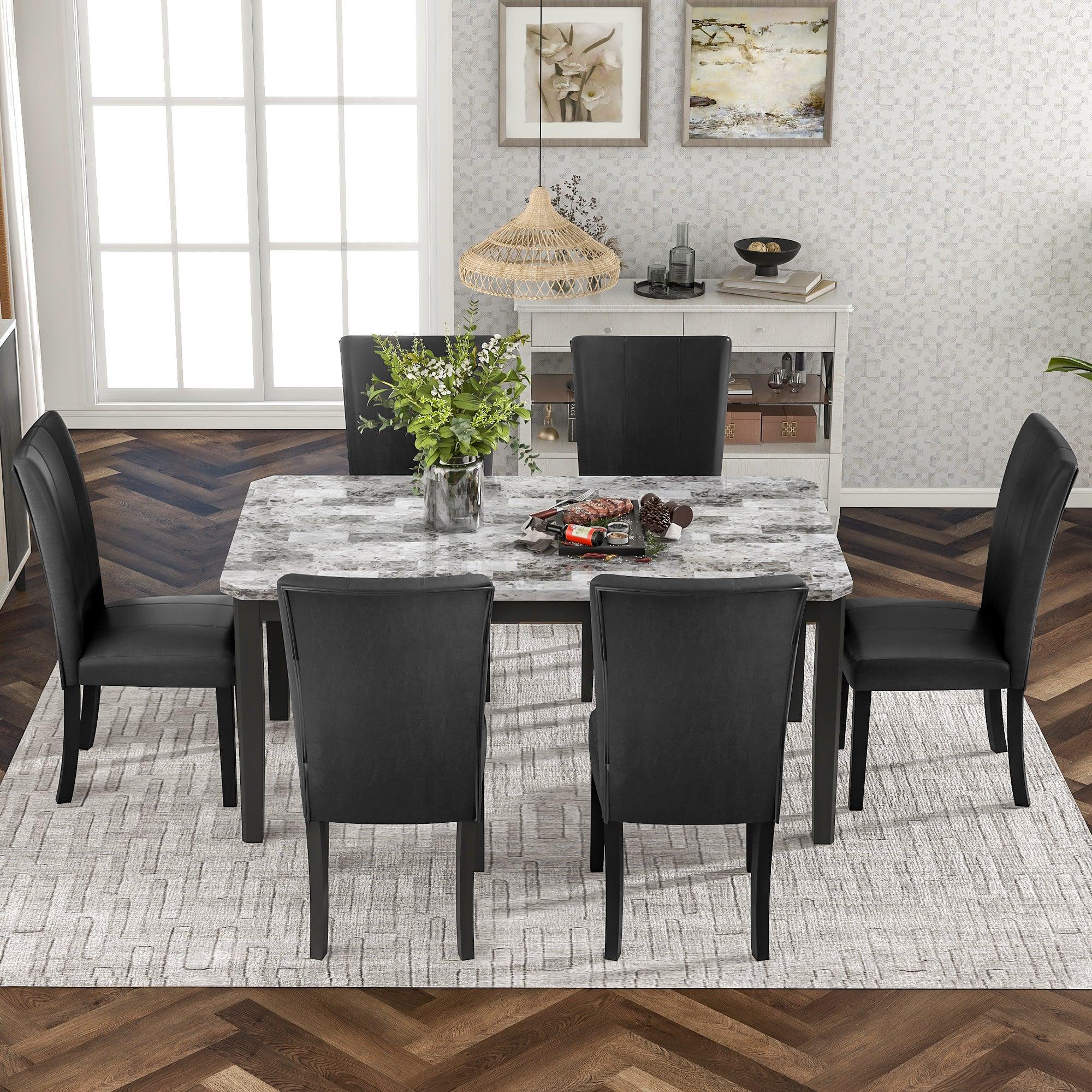 7-piece Dining Table Set with 1 Faux Marble Top Table and 6 Upholstered-Seats,Table: 66in.Lx38in.Wx30in.H, Chair: 20.5in.Lx26.25in.Wx38.5in.H image