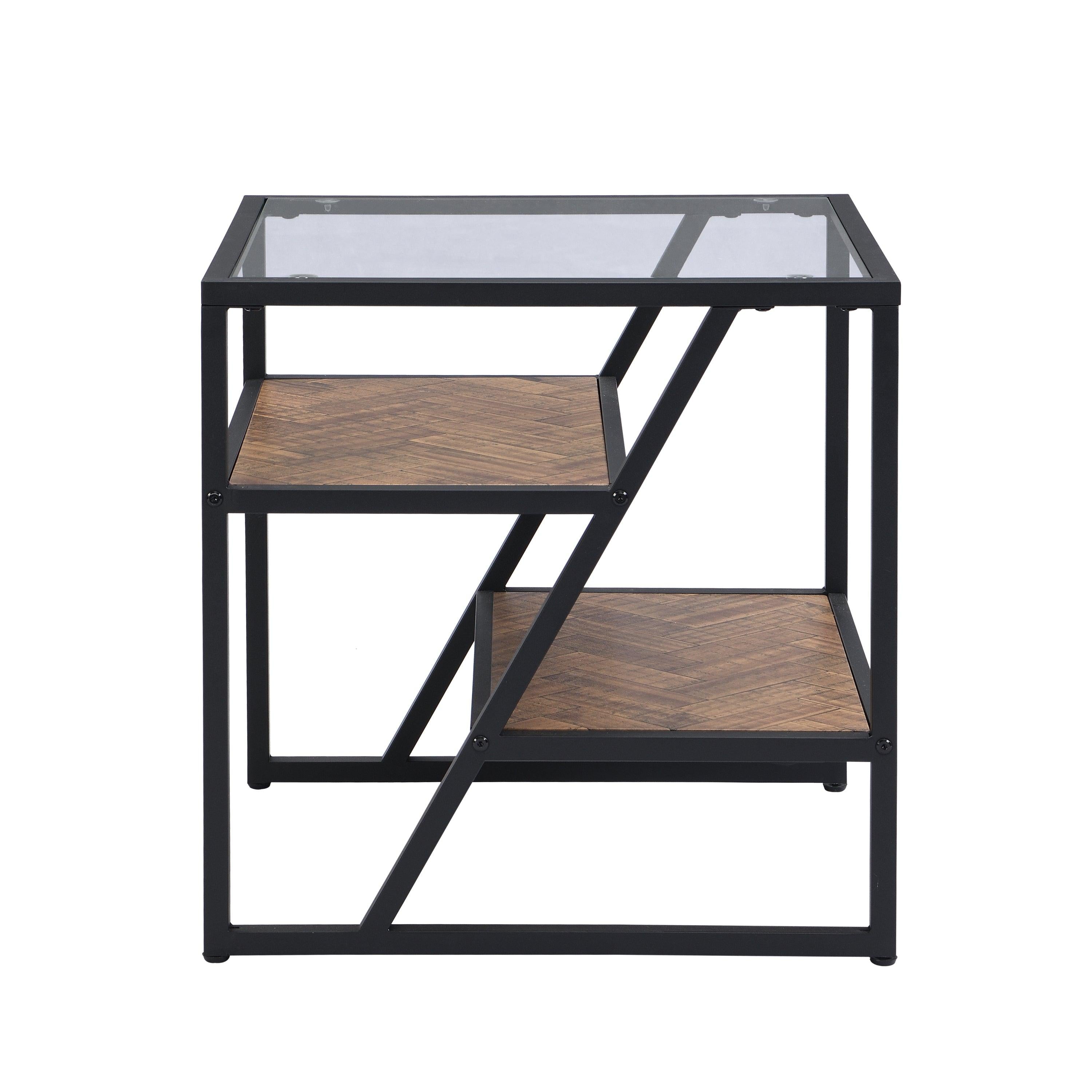 Black Side Table, End Table withStorage Shelf, Tempered Glass Coffee Table with Metal Frame for Living Room&Bed Room