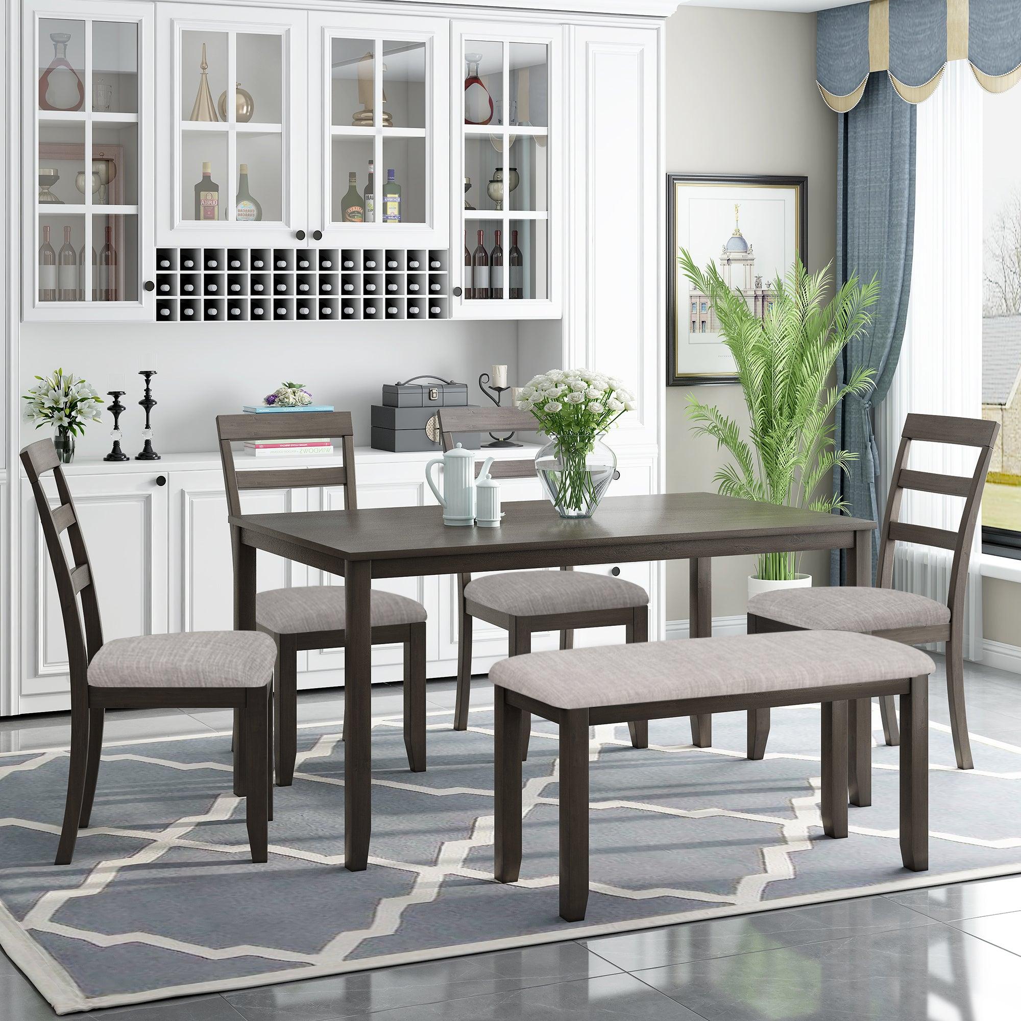 6-Piece Kitchen Simple Wooden Dining Table and Chair with Bench, Fabric Cushion (Gray) image