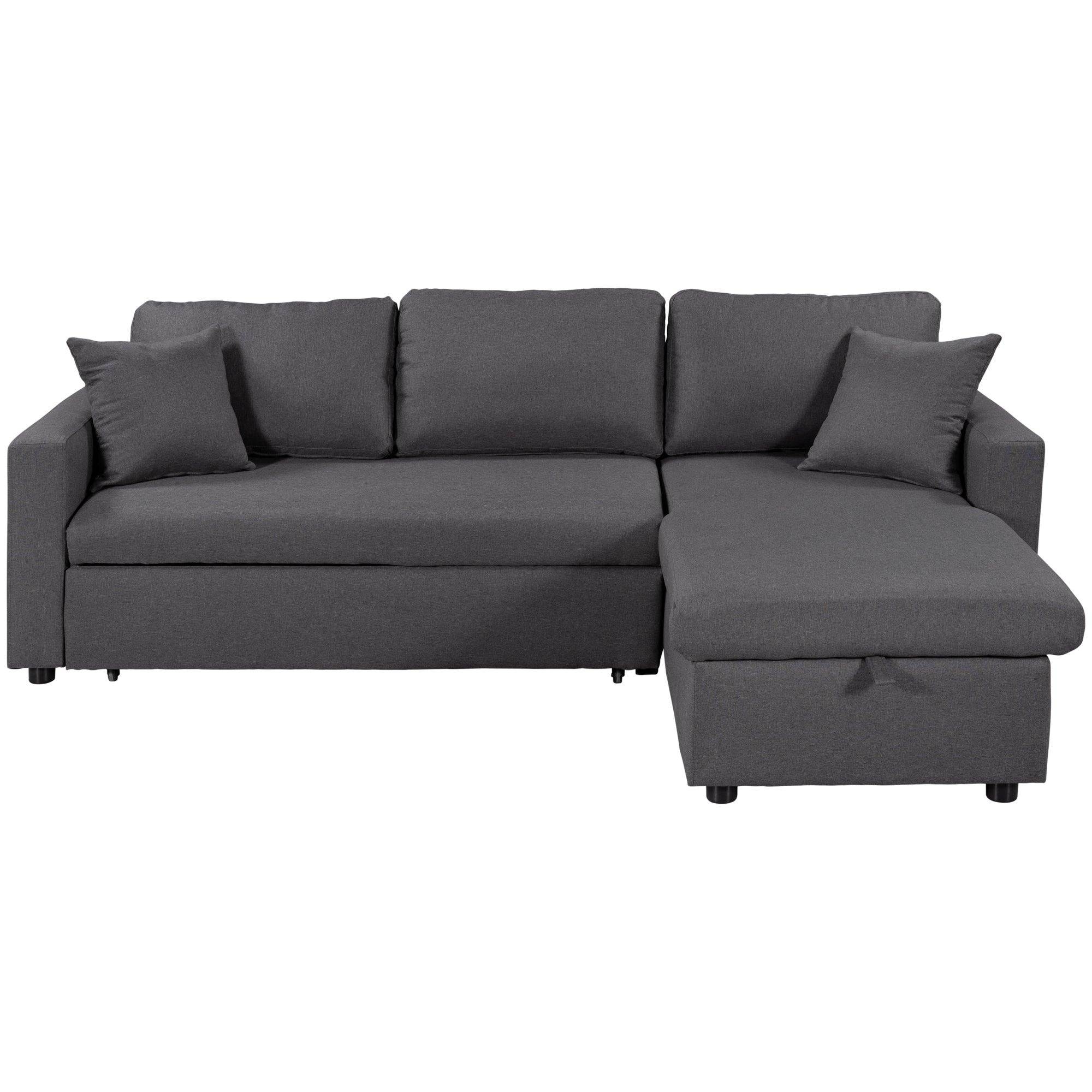 Upholstery  Sleeper Sectional Sofa Grey withStorage Space, 2 Tossing Cushions