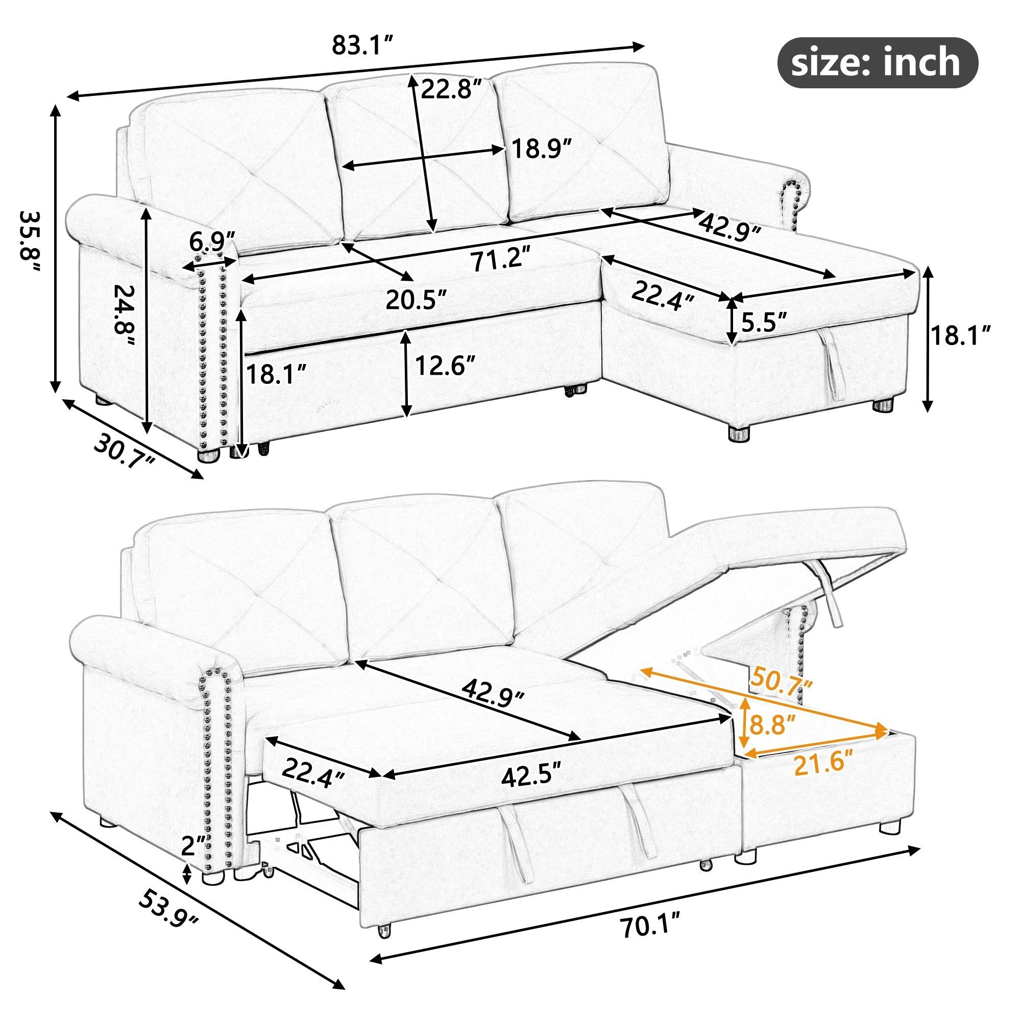 83"Modern Convertible Sleeper Sofa Bed withStorage Chaise,Beige