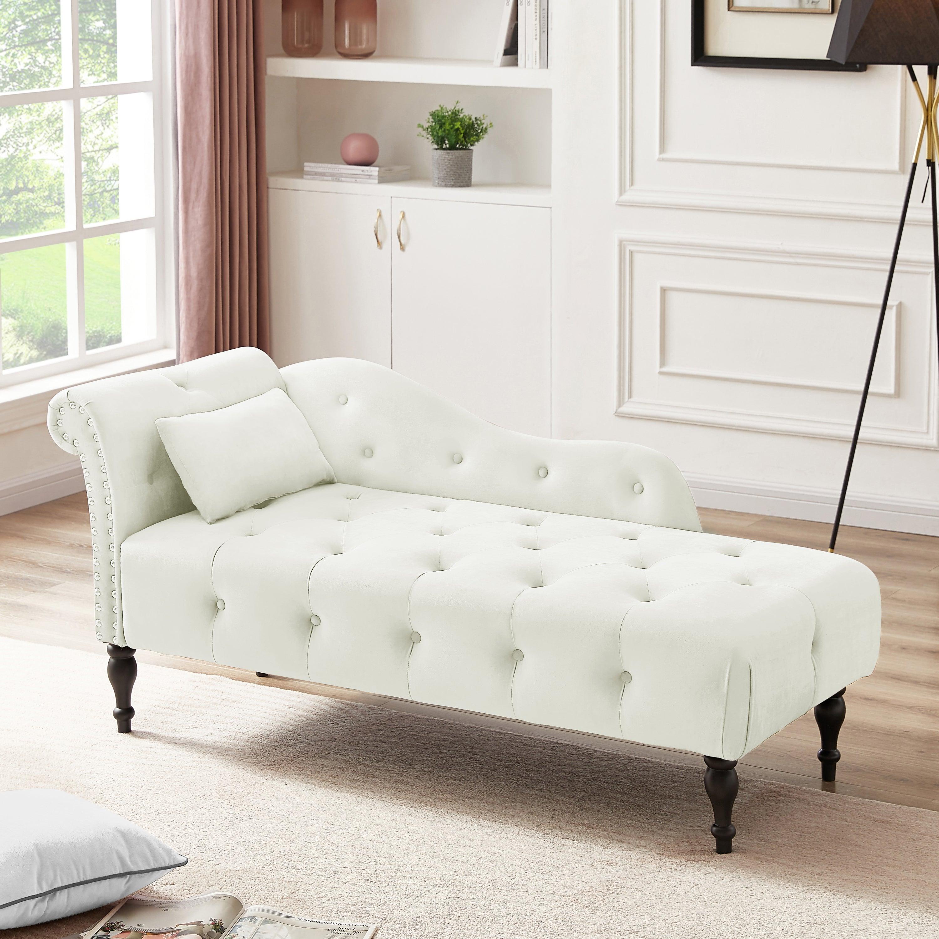 60.6" Velvet Chaise Lounge Buttons Tufted Nailhead Trimmed Solid Wood Legs with 1 Pillow,White image