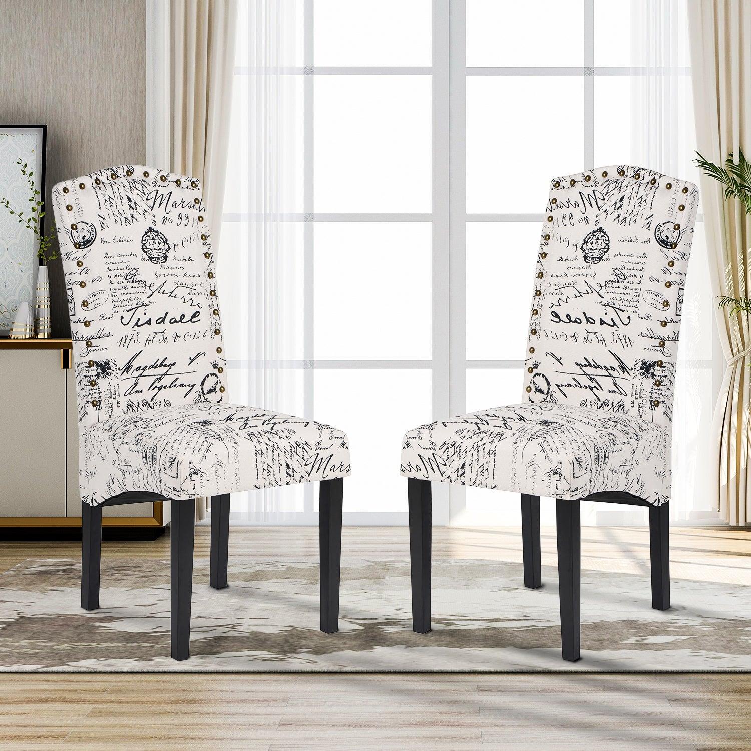 Dining Script Fabric Accent Chair with Solid Wood Legs, Set of 2 image